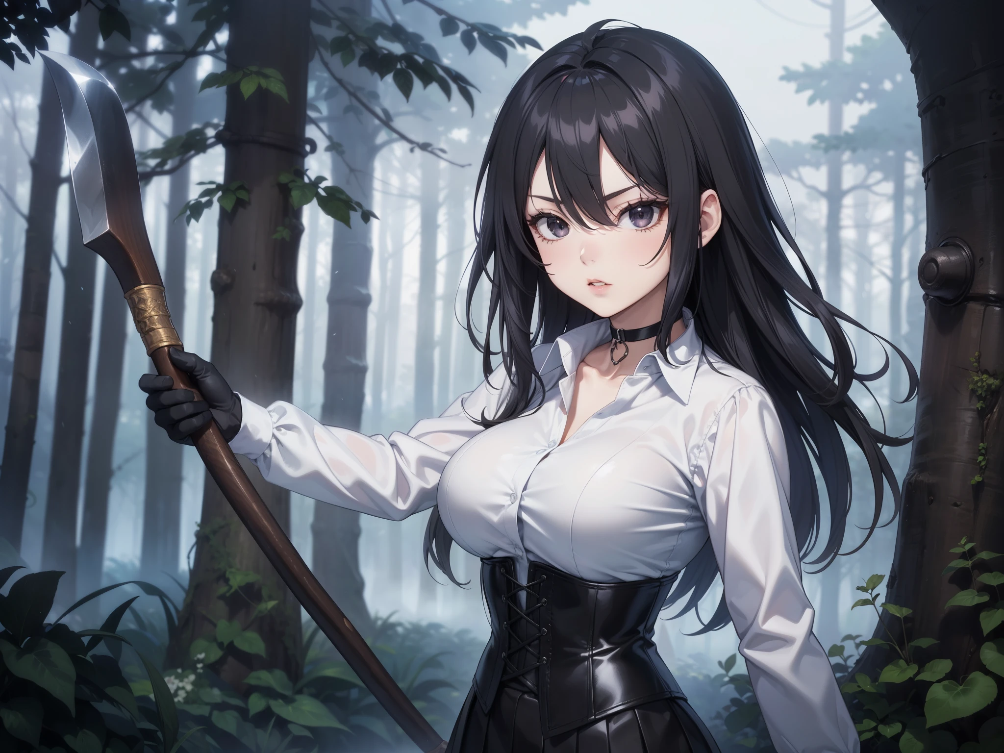 masterpiece background, beautiful art, professional artist, 8K, sciamano240, very detailed face, detailed clothing, Detailed fabric, ung girl, perfectly drawn body , Fighting pose, beautiful face, (long hair), black eyes, very detailed eyes, rosy cheeks, serious expression, detailed lips, choker:1.6, (long sleeve buttoned white collar shirt), black gloves, gloves that cover my hands , (holding an axe in his right hand), (black leather corset), (short black skirt), sensual lips , late de invierno, show details in the eyes , seen from the front, looking at the spectator, Dark path, dark forest, late, atmosphere , fog