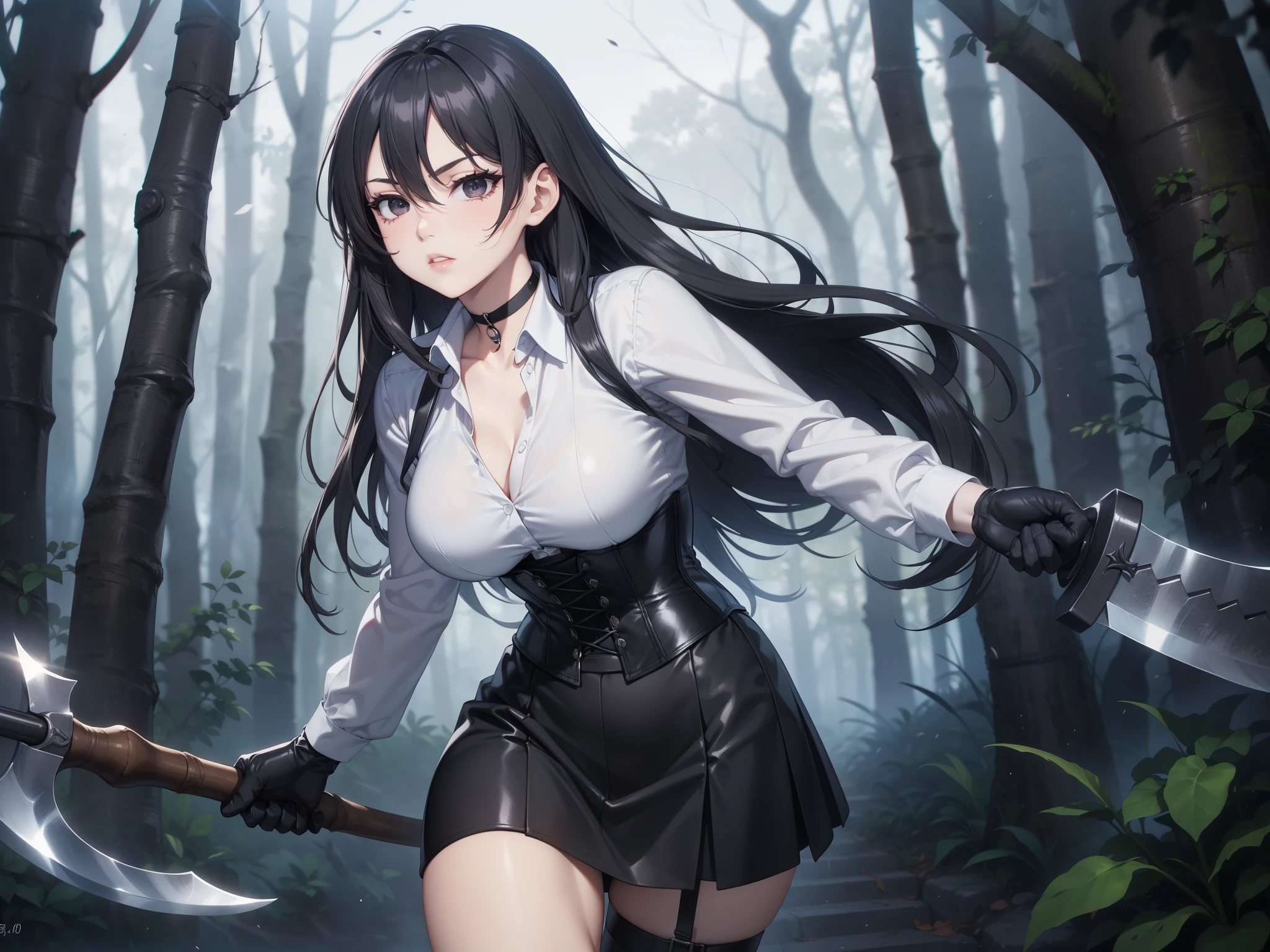 masterpiece background, beautiful art, professional artist, 8K, sciamano240, very detailed face, detailed clothing, Detailed fabric, ung girl, perfectly drawn body , Fighting pose, beautiful face, (long hair), black eyes, very detailed eyes, rosy cheeks, serious expression, detailed lips, choker:1.6, (long sleeve buttoned white collar shirt), black gloves, gloves that cover my hands , (holding an axe in his right hand), (black leather corset), (short black skirt), sensual lips , late de invierno, show details in the eyes , seen from the front, looking at the spectator, Dark path, dark forest, late, atmosphere , fog