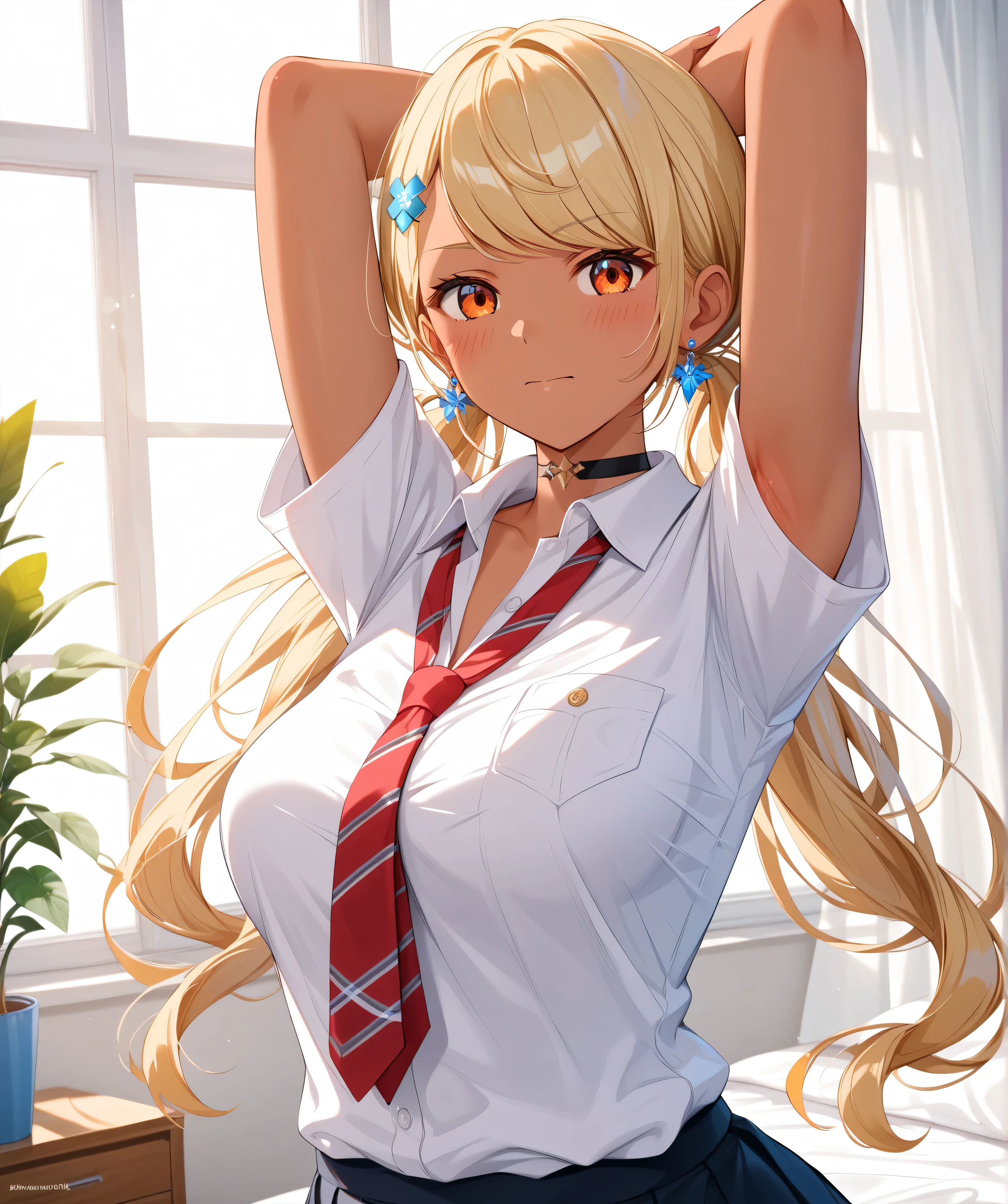 master piece、Best Quality,Super detailed,High resolution,Extremely detailed CG,Unity 8K Wallpaper,weat,score_9, score_8_up, score_7_up, score_6_up, score_5_up, score_4_up, source_anime,QpiOriginal, orange eyes, dark skin, blonde hair, long hair,low twintails, swept bangs, flower hairclip, blue earrings, black choker,school uniform,professional quality、big hip、medium breasts,nsfw,bed room,nsfw,Romanticism、thick thighs,wide hips,NSFW,armpit focus,big butt,Official Art,mature female,perky breasts,embarrassed,athletic female,short sleeves