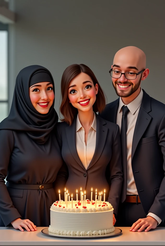 3 middle age  man celebrating birthday at exclusive cafe. Infront them their mother weraing hijab. Realistic 