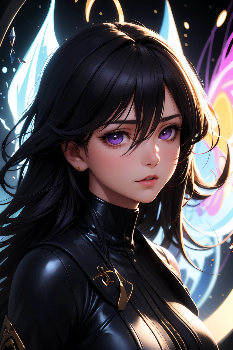 A woman with wavy black hair and purple eyes, Black alien armor, freckles, blush, eye shadow, Cute face