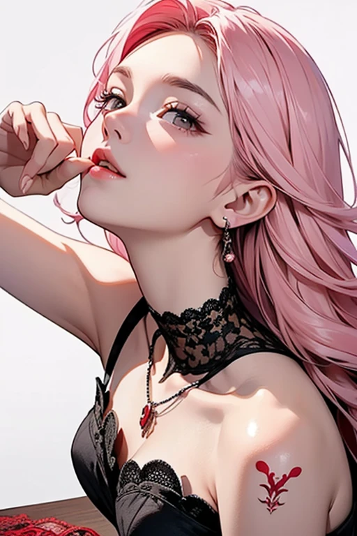 ((very dirty scene : 1.5)), ((White love juice squirts : 1.2)), Transcendental beautiful girl ((french kiss - tongue with tongue)), (( french kiss with partner : 1.3)), pinky hair, red eyes,, jirai-girl style, massive chain funky accessories, ((sweaty hair : 1.3)), ((sweaty face : 1.2)), choker on neck, hard nipple and nipple pierced by chain acc. massive tattoos.