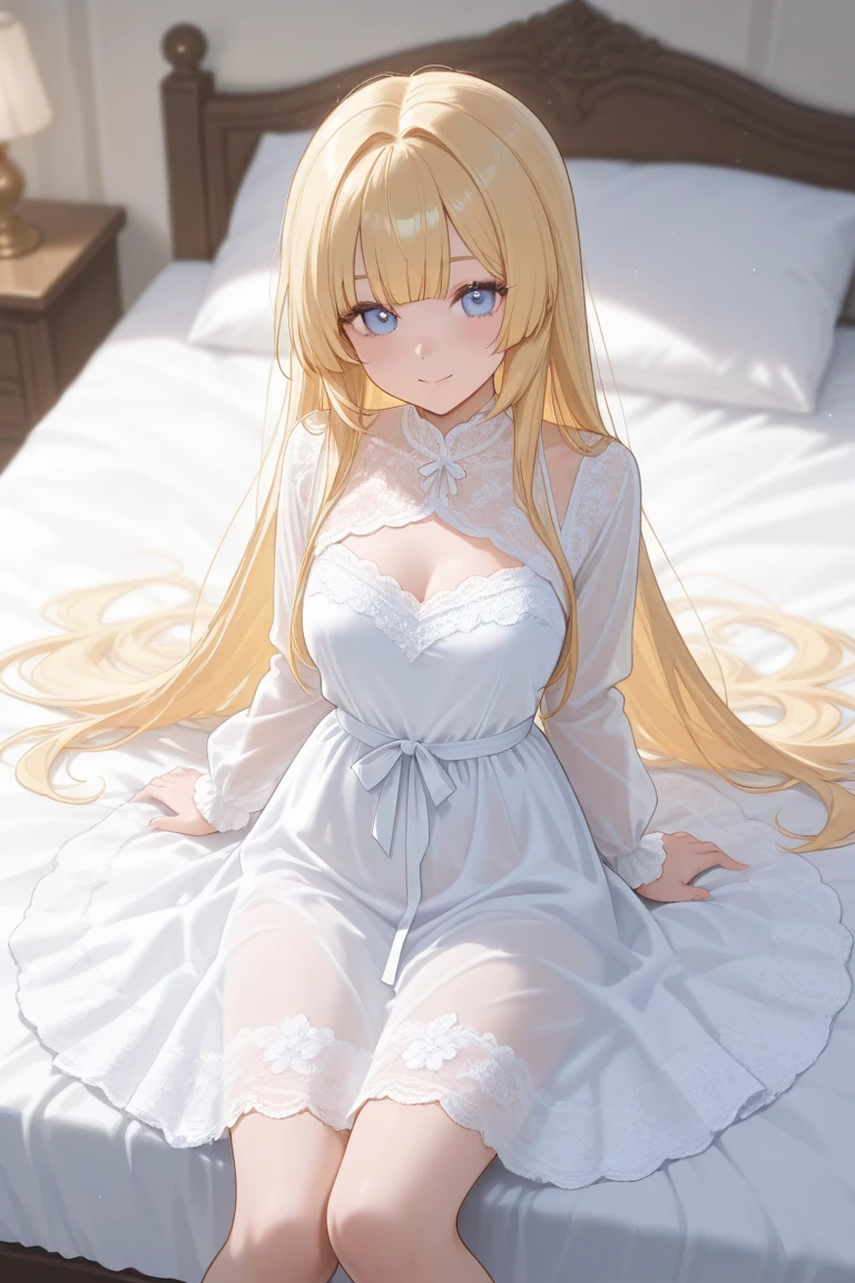 {{cowboy shot, sideways, pov, from side}} {{Artist: moisture_(chichi)}} 1 woman ,solo, mature female, elegant, princess, medium breasts, straight hair, golden hair, long hair, hime cut, green eyes, nightgown, tiara lying on bed, smile, blush, indoors, palace bedroom, moonlight from window, medieval fantasy.