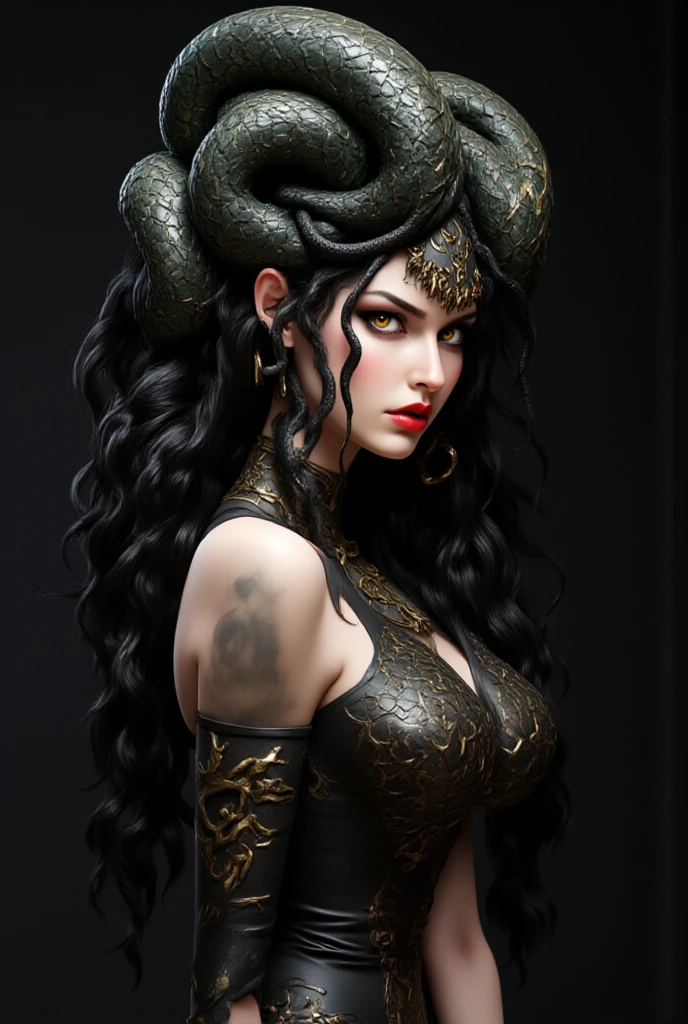 photo realistic, (closed shot:1.23), (fair skin:0.9), long nose, (clear eyes, symmetrical eyes), archaic smile, (playful-open mouth snakes-hair head:1.3, medusa head:1.3), an exquisitely beautiful Medusa is enchanting, cleavage, slender waist, (wearing elegant __fashion__ , necklace, earrings, bracelet):1.3, bright lighting cabaret, <lora:flat2:-0.23>