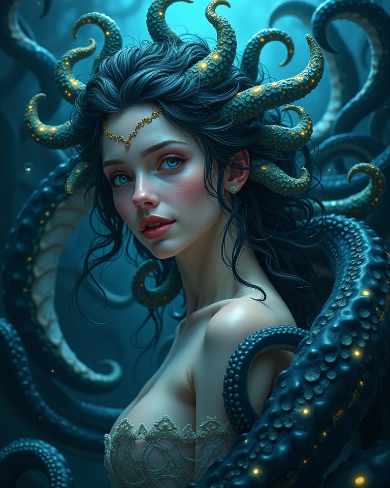 (best quality,ultra-detailed,realistic),portraits,medium:oil painting,(HDR,studio lighting),vivid colors,sharp focus,physically-based rendering,(A lovely siren),beautiful detailed eyes,beautiful detailed lips,extremely detailed eyes and face,long eyelashes,(light green skin),(aquamarine eyes),blue-green color tones on the face,(coke bottle figure),(blessed proportions),(sea foam green hair ankle length),flowing hair,(dressed in tatters, holding a lantern that shines unnaturally bright and swirls with evil energy),tattered clothing flowing in the wind,(age 20),serene expression,graceful pose,emerging from the ocean,sparkling water droplets on skin and hair,faint shimmering scales on the legs,gentle waves in the background,strands of seaweed entwined in the hair, she is singing standing atop the head of a (subject:2 horrible giant monster (many eyes, many tentacles, huge maw full of jagged teeth)), (subject 3: A sailing ship in the distance approaches the siren and its doom), it is a pitch black night with light rain and just a little lightning (the siren's lantern is the primary light source)