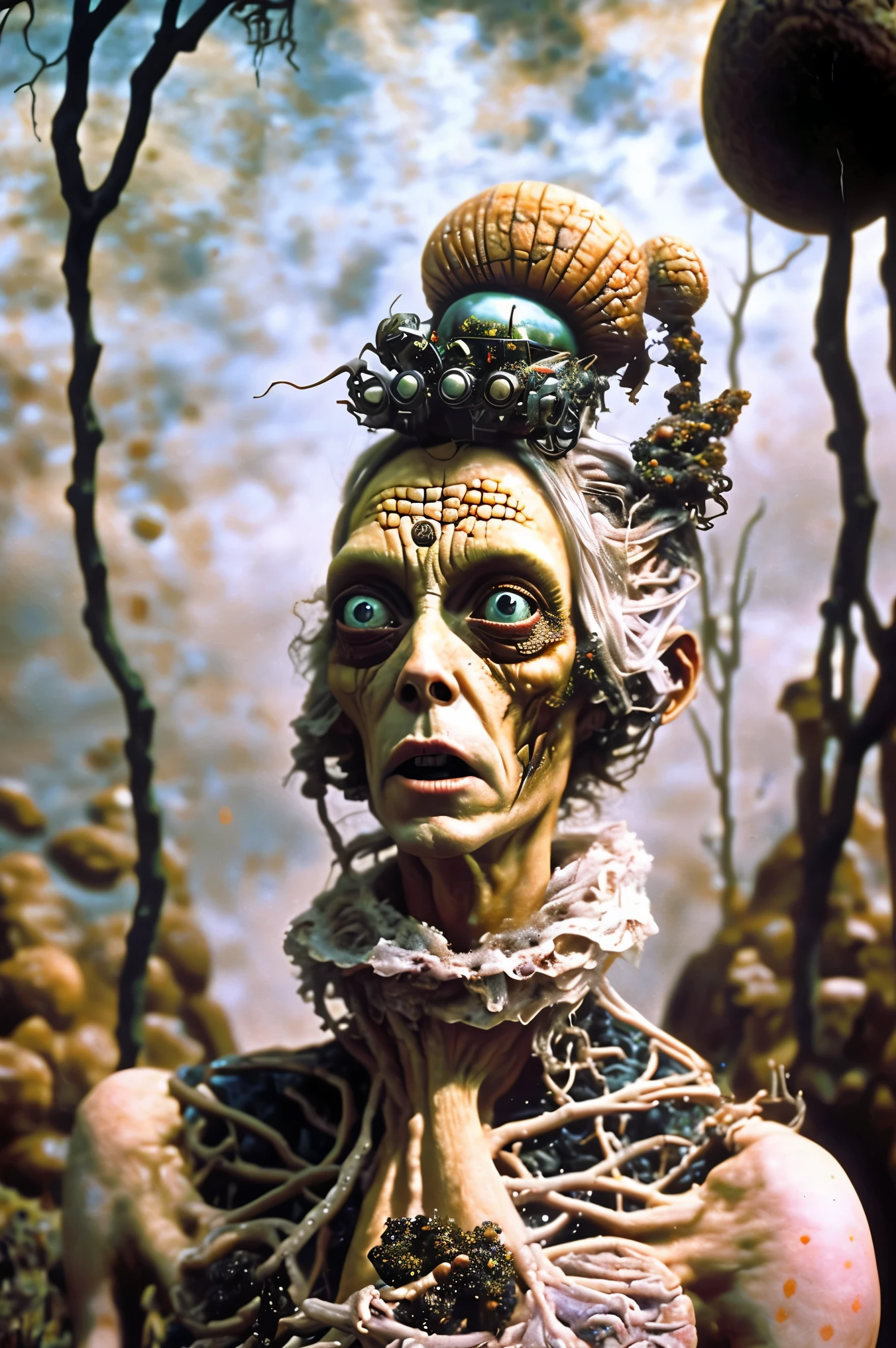 Image of Loab remixed. Bizarre hyperrealistic image. Use a completely black background for contrast. Life forms form life and from form can come morf spelled morph. Stop motion still life characters can't move or morph, abstract claymation can move too much and can melt. It's weird how weird art pieces from sculpture to claymation are the same but different and set in stone yet flow with animation and bring out such elation, depending on the dedication of the producers on medication never leaving for vacation or taking time off for impregnation, only resting when necessary with sedation to avoid the mistakes made with too much sleep deprivation. Get the picture? Ultra-realistic, photo-realistic, cinematic photography, cinematic lighting, cinematic portrait, portrait photography, full focus, ethereal atmosphere, macabre, ultra-detailed, 8K, hyperrealistic, intricate textures, mystical, with my stick and all, surreal, yet so real, etheral and in the real, how bizarre, how bizarre.
