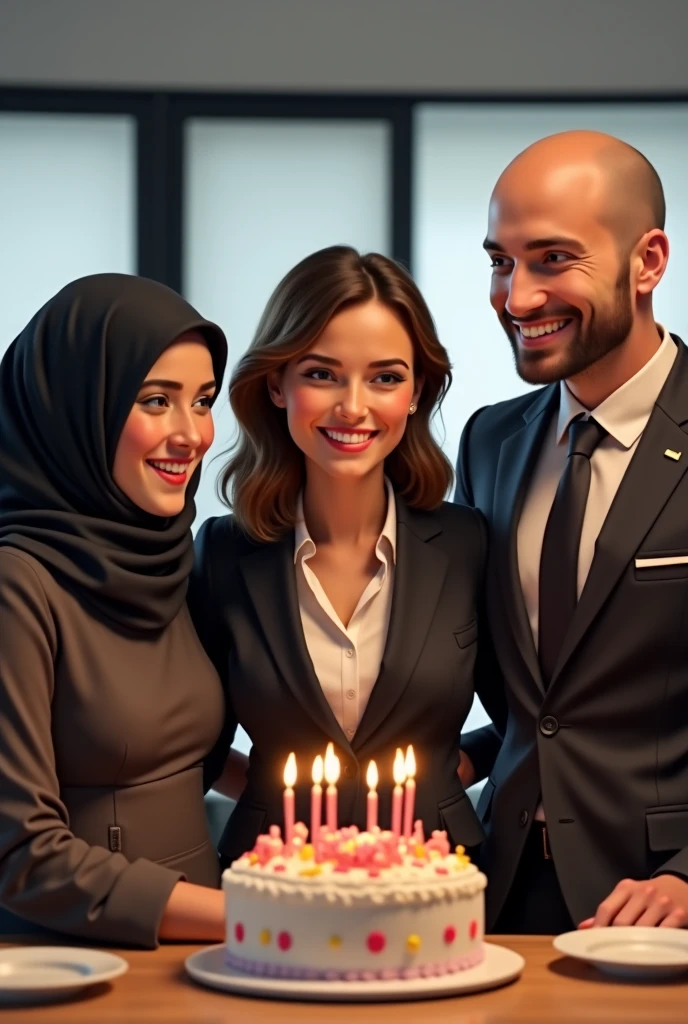 A couple of individuals are celebrating a birthday, the women wear hijabs and fancy dresses,while the men wear tuxedos with a large tart cake in front of them that says "HAPPY BIRTHDAY SULIZTIYANI" with birthday candles in the shape of numbers "25" Set in a luxurious restaurant complete with colorful balloons and ribbons that give a luxurious and festive impression..