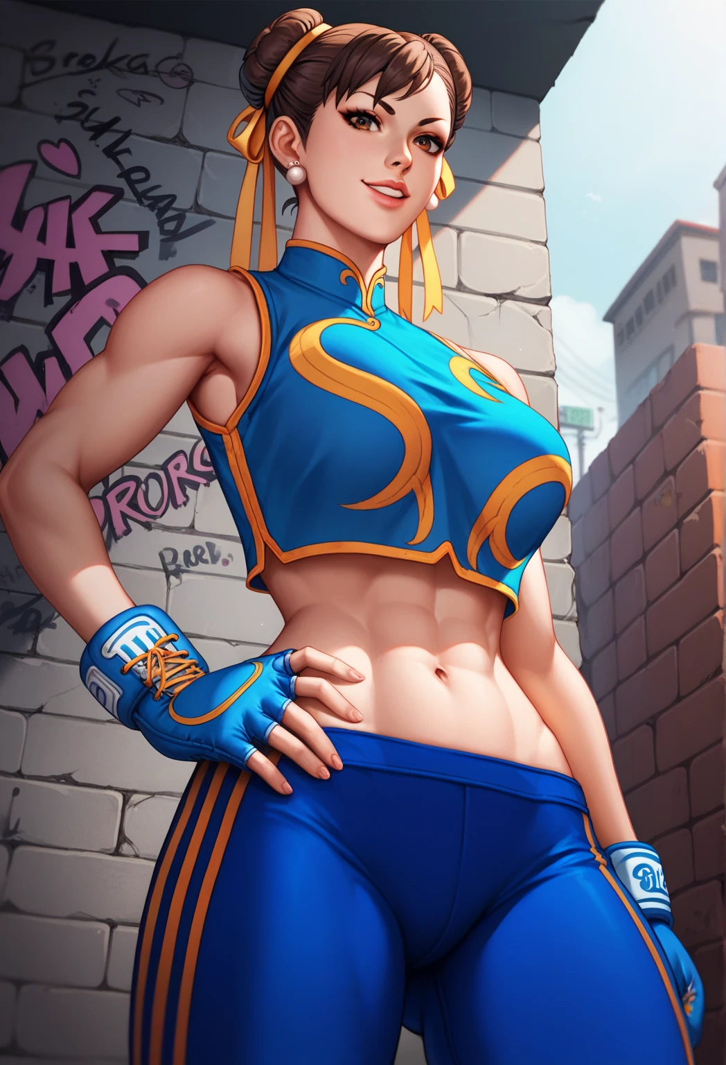 score_9, score_8_up, score_7_up, score_6_up, source_cartoon, BREAK masterpiece. CHUNLIAL, brown eyes, double bun, yellow ribbon, blue leggings, stomach, crop top, sleeveless, boxing gloves, breasts, hand on own hip, looking at viewer, smile, parted lips,below view, smile, parted lips, alleyway, concrete wall, graffiti,