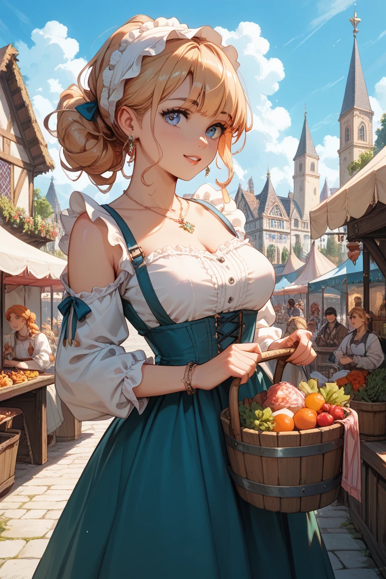 A Strawberry Knight (female, strawberry like face, strawberry themed and decorated plate mail (electric pink tint), strawberry decorated sword) standing at attention by the pineapple king, fruit salad city medieval themed