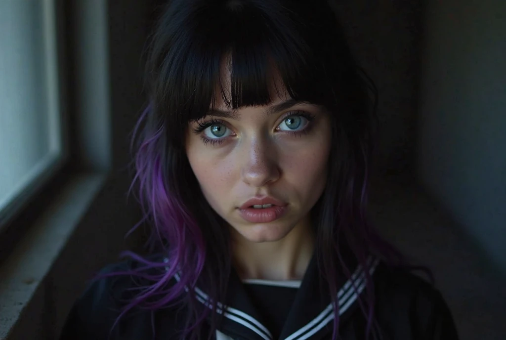 realistic,( photo-realistic), ultra hires, (masterpiece, top quality, best quality, official art, beautiful and aesthetic, raw photo:1.4),(high detailed skin:1.2), ultra realistic, 32k, 1 chubby girl, Kafka, purple eyes, purple hair, eyewear on head, narrow waist, dynamic pose, dynamic angle, (school uniform:1.2), front focus, closeup