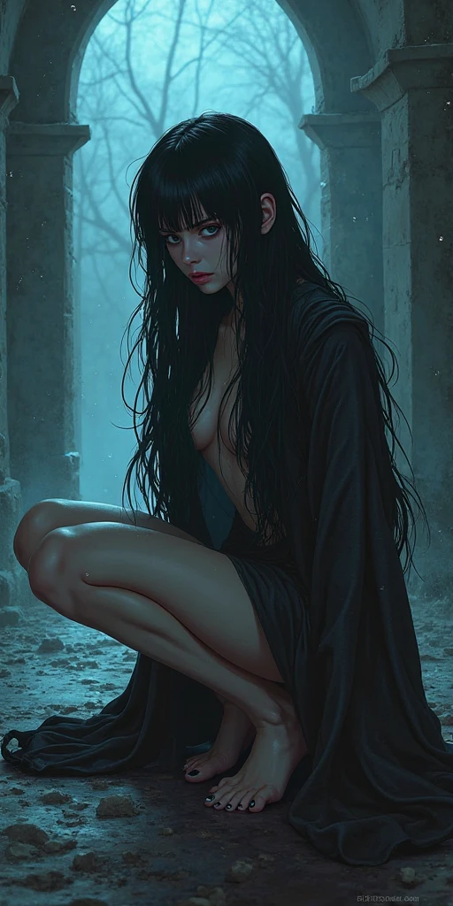In a graveyard in front of a tombstone, a decomposing beautiful nude woman crawls out of a hole in the ground. A spectral being draped in flowing iridescent mists. The image, a stunning digital art piece, is bathed in a dreamlike haze of BLue and gold Dynamic Soft lighting. ,zombie bride