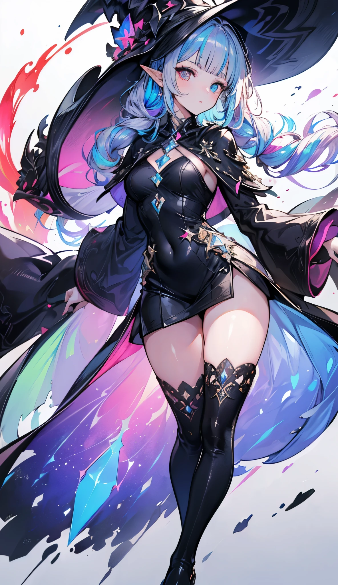 Black Mage, Dark Mage, necromancer, full body (Best quality details:1.22), 4K High definition, Ultra Detailed, high quality texture, intricate details, detailed texture, finely detailed, high detail, high quality shadow, detailed beautiful delicate face, detailed beautiful delicate eyes, heterochromia, depth of field, elf, adult, milf, Alone, bloodred, long hair, Thicc thighs , medium breasts, full body, long legs, Expansive landscape photograph, (a semi-low view focusing on the character presenting his entire body), ( wide view of open field ), ( photo at a semi-low angle ), (high light: 1.6), (low light:1.0), (source of hot light: 1.0), Complex details, ( iridescent colors : 1.5), (bright lighting), (atmospheric lighting)