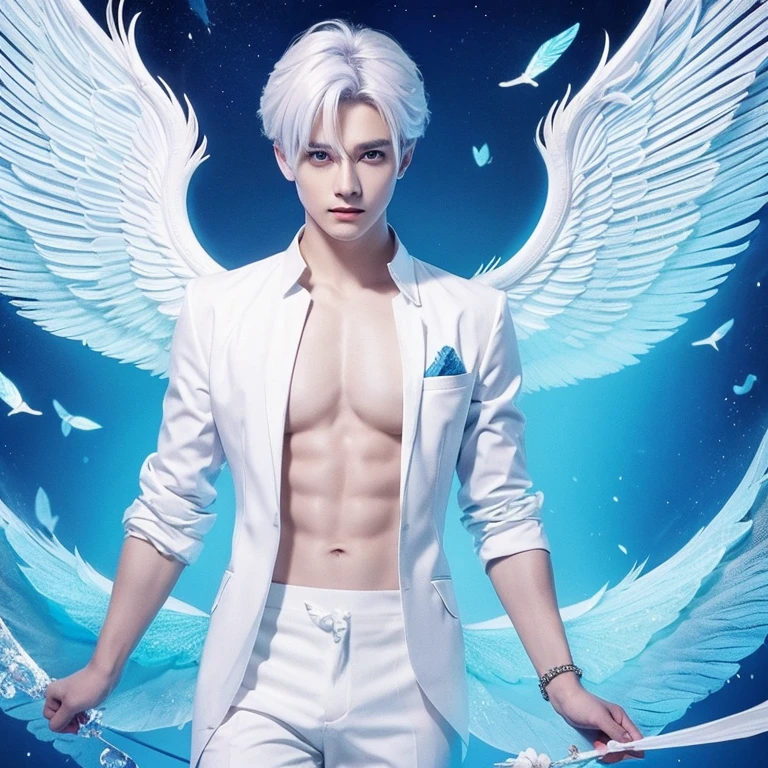 male fallen angel, pale skin, olhos brilhantes, pants and jacket, luz azul pairando a sua volta, quarto escuro, ampulheta.