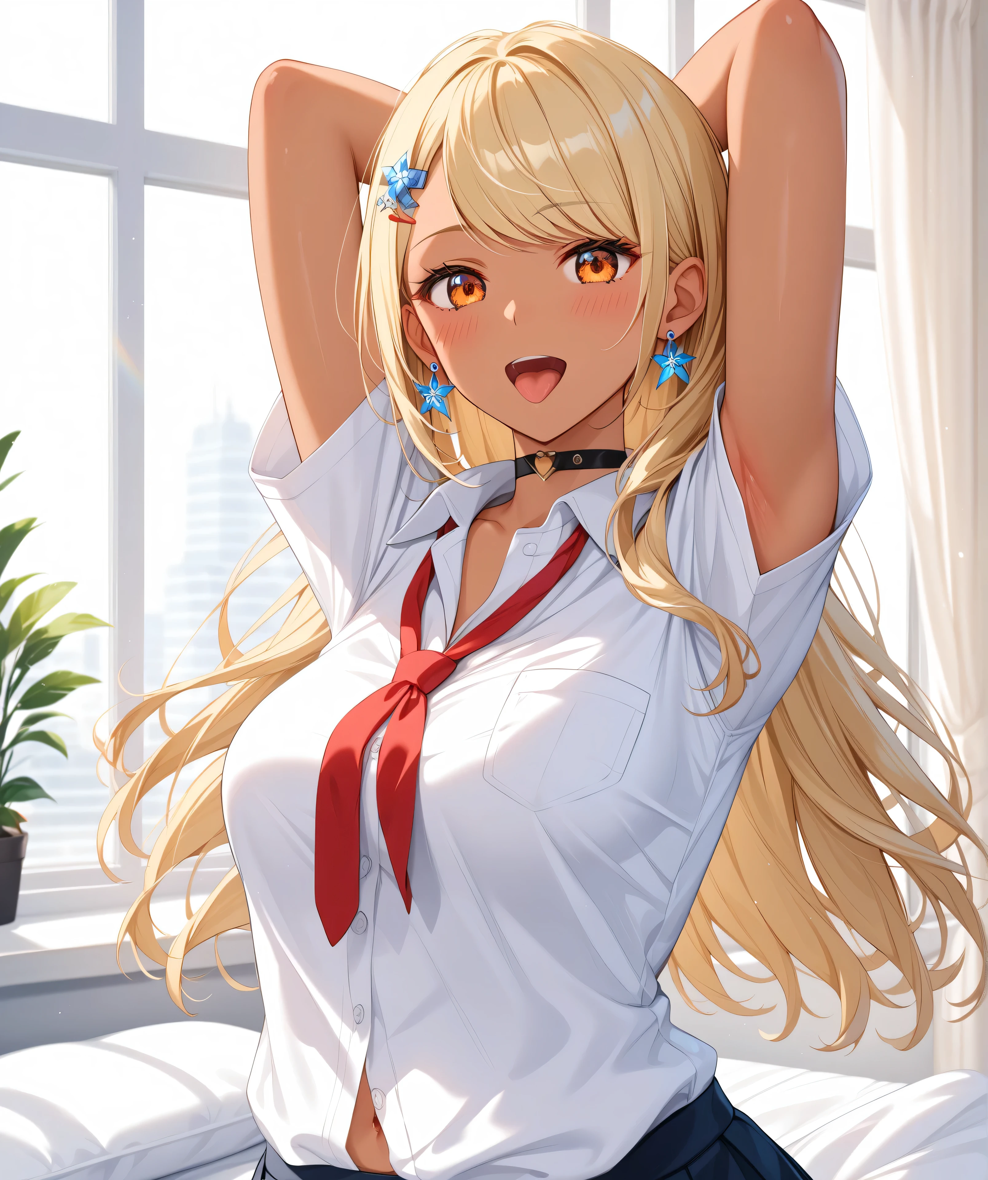 master piece、Best Quality,Super detailed,High resolution,Extremely detailed CG,Unity 8K Wallpaper,weat,score_9, score_8_up, score_7_up, score_6_up, score_5_up, score_4_up, source_anime,QpiOriginal, orange eyes, dark skin, blonde hair, long hair, swept bangs, flower hairclip, blue earrings, black choker,school uniform,professional quality、big hip、medium breasts,nsfw,bed room,nsfw,Romanticism、thick thighs,wide hips,NSFW,armpit focus,big butt,Official Art,mature female,perky breasts,embarrassed,athletic female,short sleeves,tongue out,open mouth