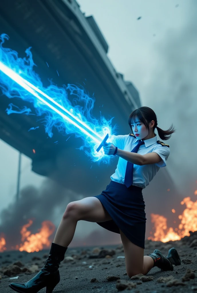 Sexy beautiful Japanese woman, a self defense officer uniform, wearing a white short-sleeved shirts, navy blue tie, navy blue pencil skirt, Black patent high heels, beautiful hip-line, Beautiful thighs,  A  woman in a low combat-ready stance swinging a glowing blue laser blade with precision, Her body leans forward dynamically and a vibrant trail of blue light follows the motion of the blade leaving a glowing arc in the air, (((huge spaceship that is crashing, leaving a trail of flames and smoke))), The scene is captured in a dramatic low-angle shot, with a slightly tilted perspective to emphasize the speed and power of the swing, The background is filled with chaos and debris, (Natural skin texture, sharp), brown hair, bangs, low ponytail, floating hair, hyperrealism, (from below:2.0), UHD, retina, masterpiece, accurate, anatomically correct, textured skin, super detail, high details, high quality, best quality, highres, 1080P, HD, 4K, 8k, 16k