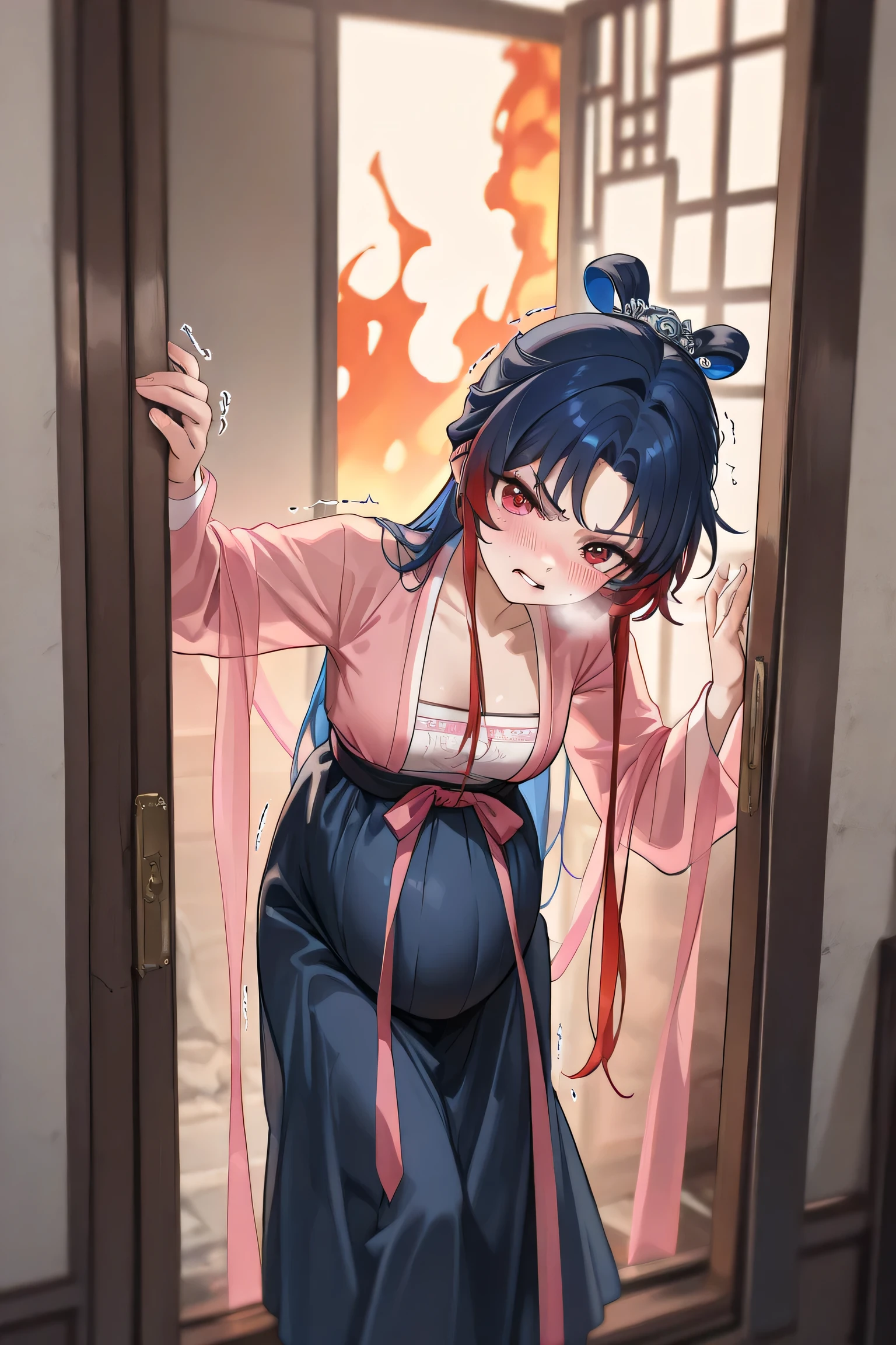 (Best quality, 4k, 8k, high resolution, masterpiece:1.2), ultra detailed, intricate details, beautiful girl, long blue hair, red eyes, bangs, small-medium breasts, perfect smooth skin, head tilted, Hanfu, Maxi skirt, dressing up modestly,, long red hair, looking at viewer, standing, at front door, Alone, burning outside, at abandoned Chinese temple, Leaning against the wall, one hand on walls, bite lips, angry face, trembling, dirty temple:1.0), (hanfu Hover pussy:1.5), (blush:1.0), heavy breathing, (Pregnant:1.2)