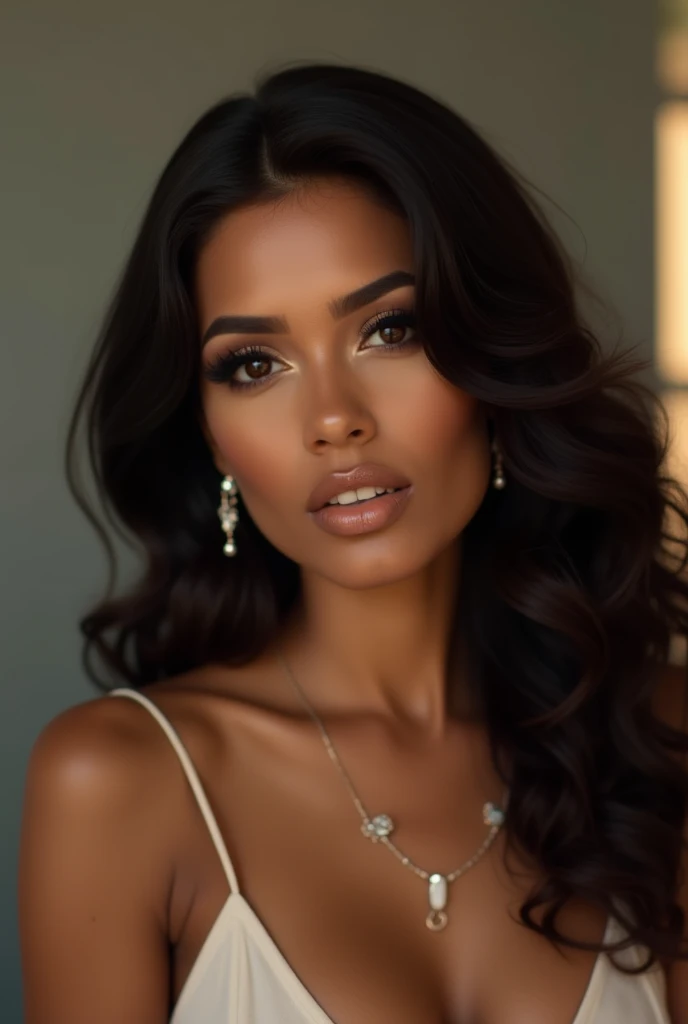 a stunning, oiled, , model, highlighting her alluring confidence, model, exuding the perfect blend of sensuality and grace, while captivating the audience with her radiant beauty and unparalleled confidence, black_background, black hair, pro lighting, wind,
