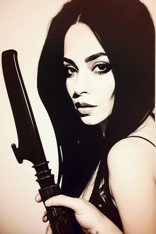 girl with long black hair, in a miniskirt, bare breasts, very sexy, black and white image (((holds a sign with the text: "END"))) (simple oil painting in a style to Bill Sienkiewicz)