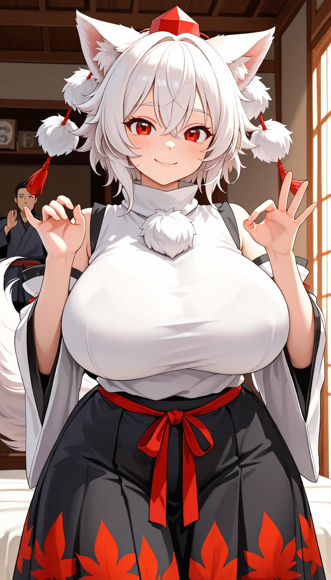 masterpiece:1.2, High resolution, Anime Style, nsfw, Japanese Room, ceiling, male pov, Face Enhancement, One fox female, Yellow Eyes, White beard, White fox ears, White fox tail, On all fours, Spread your arms, kiss, blush, Estrus, smile, ((huge breasts:1.4)), Curvy Body, Hami Breasts, miko costume, sleeveless, (Hakama), Long-sleeved kimono, White Stockings, Micro Bikini, Thong,
