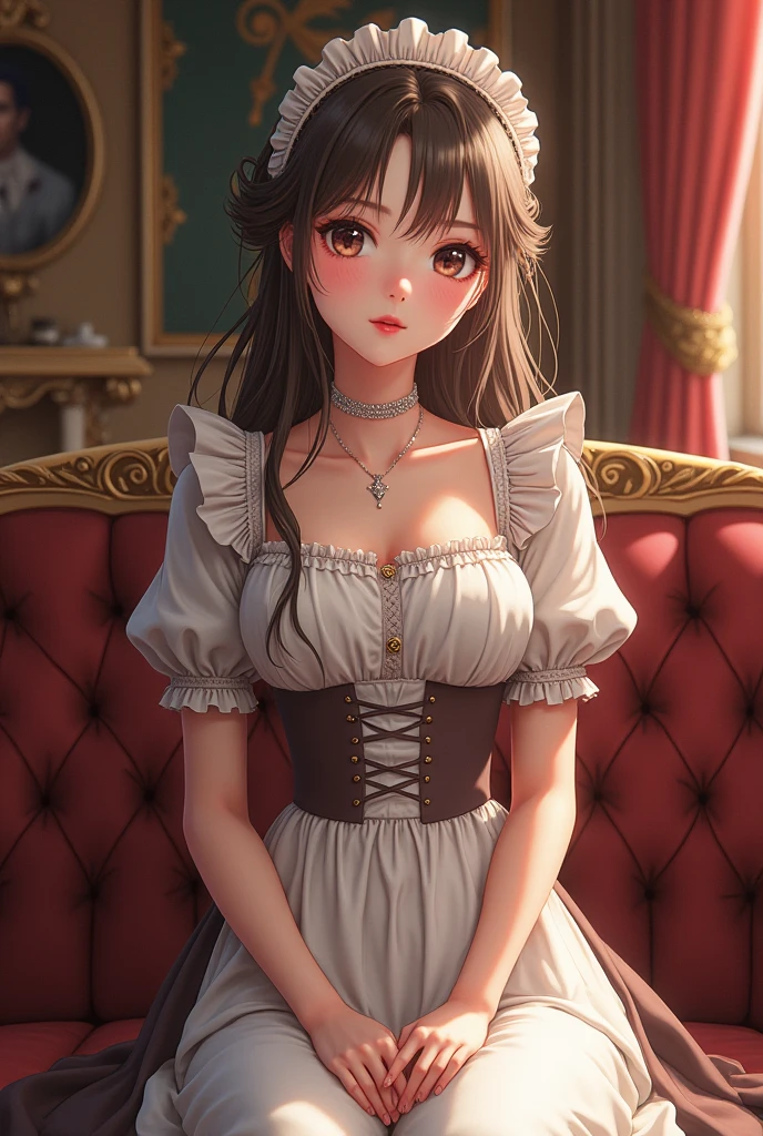 a beautiful detailed portrait of a girl with big eyes, full lips, smiling kindly, long eyelashes, wearing a frilly maid outfit of random colors, thin fabric clothing, in sensual poses, (best quality,4k,8k,highres,masterpiece:1.2),ultra-detailed,(realistic,photorealistic,photo-realistic:1.37),highly detailed face,maid clothes,intricate details,vibrant colors,dramatic lighting,structure of the film,anime-inspired art style,many moles on chest