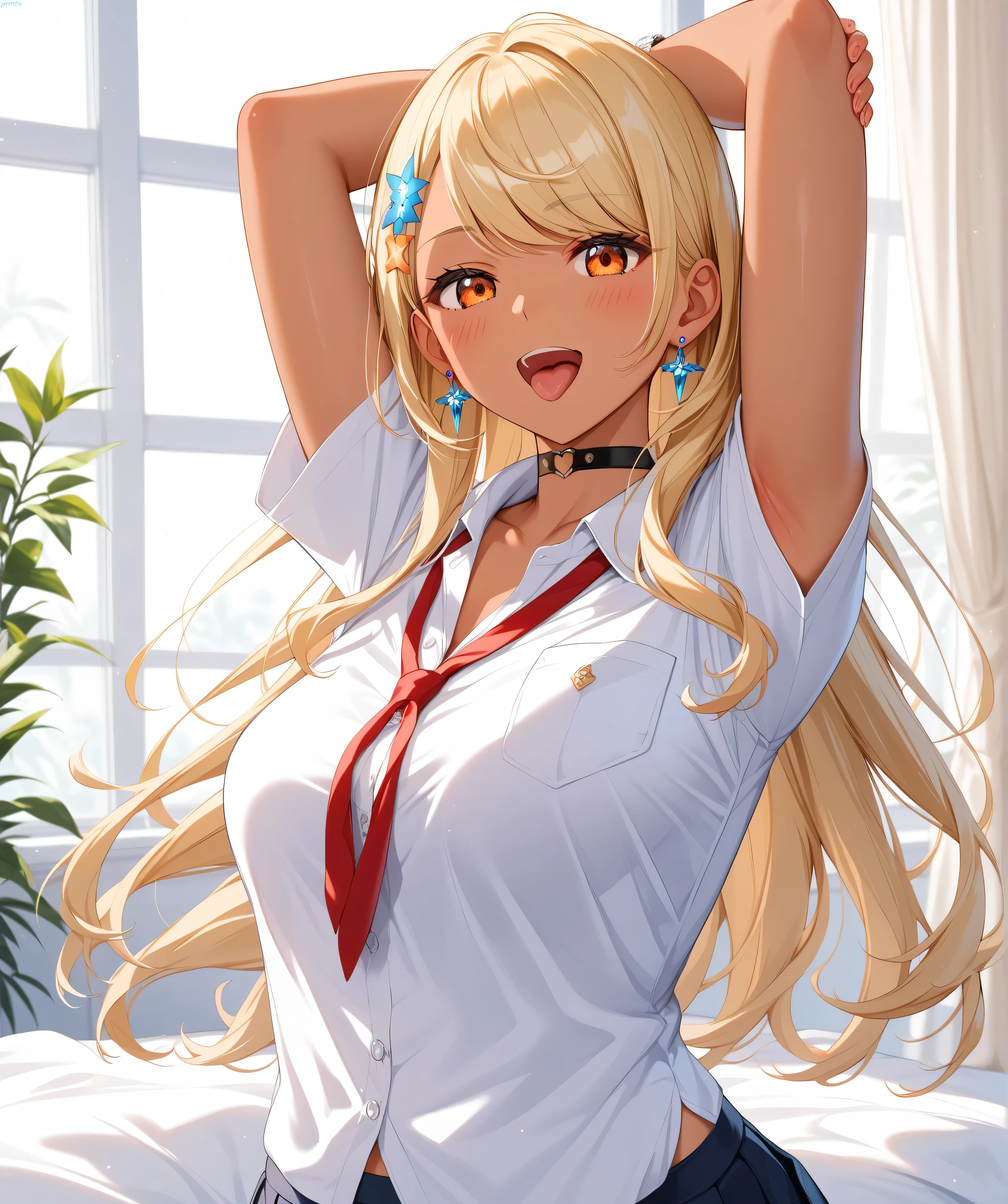 master piece、Best Quality,Super detailed,High resolution,Extremely detailed CG,Unity 8K Wallpaper,weat,score_9, score_8_up, score_7_up, score_6_up, score_5_up, score_4_up, source_anime,QpiOriginal, orange eyes, dark skin, blonde hair, long hair, swept bangs, flower hairclip, blue earrings, black choker,school uniform,professional quality、big hip、medium breasts,nsfw,bed room,nsfw,Romanticism、thick thighs,wide hips,NSFW,armpit focus,big butt,Official Art,mature female,perky breasts,embarrassed,athletic female,short sleeves,tongue out,open mouth