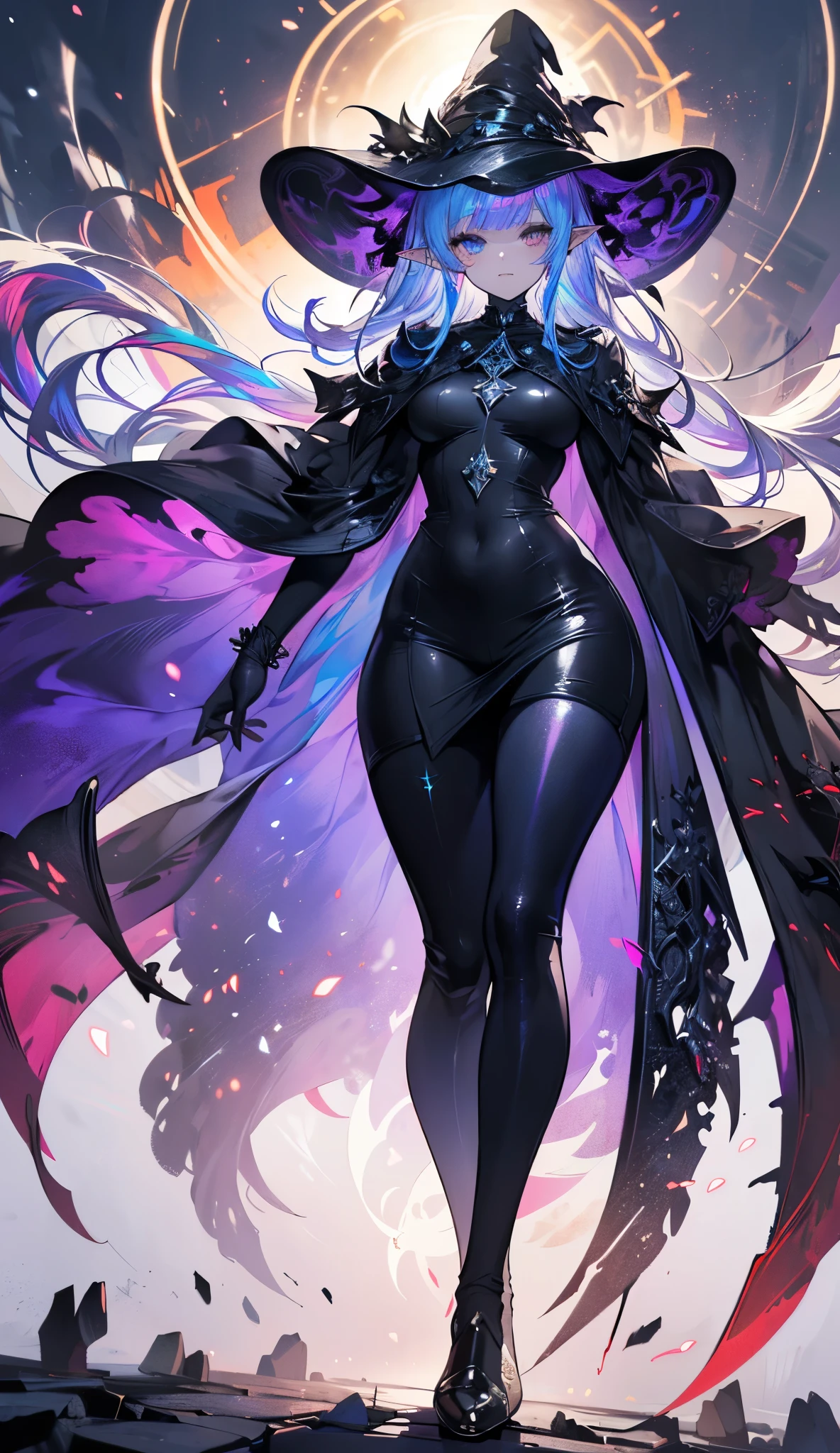 Black Mage, Dark Mage, necromancer, full body (Best quality details:1.22), 4K High definition, Ultra Detailed, high quality texture, intricate details, detailed texture, finely detailed, high detail, high quality shadow, detailed beautiful delicate face, detailed beautiful delicate eyes, heterochromia, depth of field, elf, adult, milf, Alone, bloodred, long hair, Thicc thighs , medium breasts, full body, long legs, Expansive landscape photograph, (a semi-low view focusing on the character presenting his entire body), ( wide view of open field ), ( photo at a semi-low angle ), (high light: 1.6), (low light:1.0), (source of hot light: 1.0), Complex details, ( iridescent colors : 1.5), (bright lighting), (atmospheric lighting)
