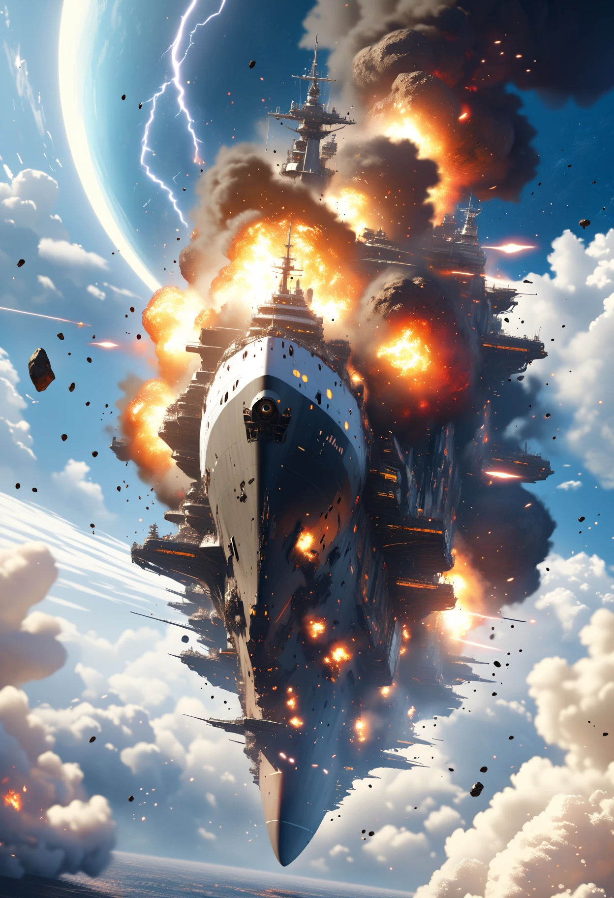 masterpiece, (highest quality, highres, ultra-detailed, create high resolution,4K, 8k),(realistic, photorealistic: 1.5), Space Battleship Big Blast, Cool space battleship, asteroid, come down, Flaming ,cinematic composition, colorful lightning and flying black petals, Swirling Space, Dramatic, beautifully detailed ,complicated details, bright colors, Dramatic Lighting