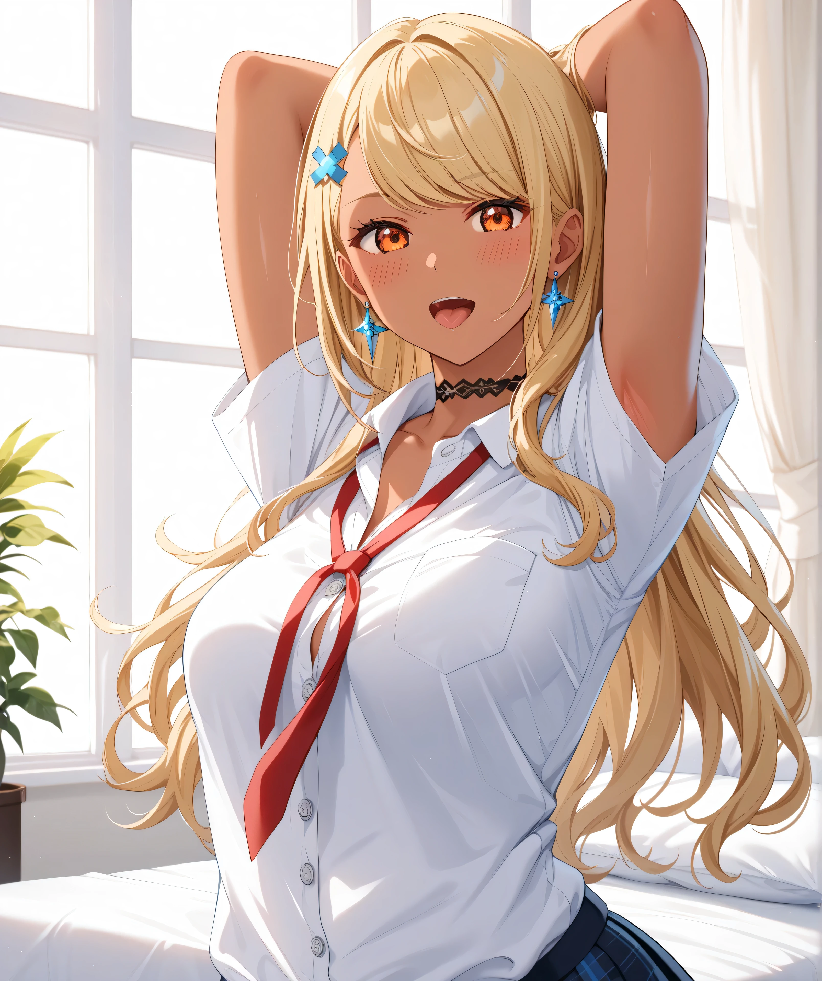 master piece、Best Quality,Super detailed,High resolution,Extremely detailed CG,Unity 8K Wallpaper,weat,score_9, score_8_up, score_7_up, score_6_up, score_5_up, score_4_up, source_anime,QpiOriginal, orange eyes, dark skin, blonde hair, long hair, swept bangs, flower hairclip, blue earrings, black choker,school uniform,professional quality、big hip、medium breasts,nsfw,bed room,nsfw,Romanticism、thick thighs,wide hips,NSFW,armpit focus,big butt,Official Art,mature female,perky breasts,embarrassed,athletic female,short sleeves,tongue out,open mouth