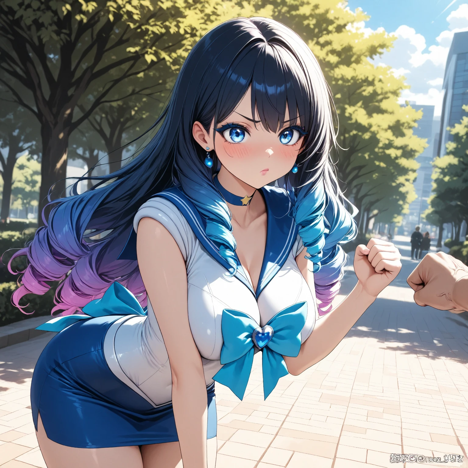 masterpiece, best quality, highres, lucy heartfilia, black hair, long hair, large breasts, blue tshirt, sleeveless, blue skirt, student shot, standing, looking at viewer, outdoors, waving, smile, open mouth,