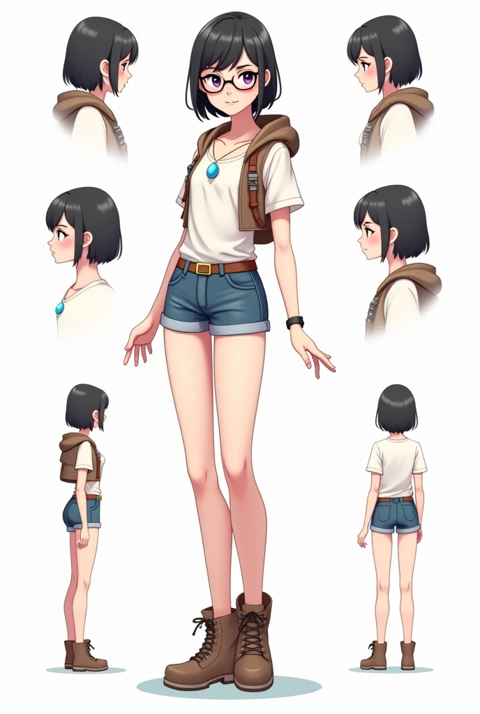 18 year old, girl, pretty face, brown eyes, (((narrow eyes))) ((( awkward shy posture))) small breasts, skinny jeans (asymmetric crop top) ((waist long curly hairstyle)) detailed character sheet, frontal view, side view, back view, 4 and a half heads full body