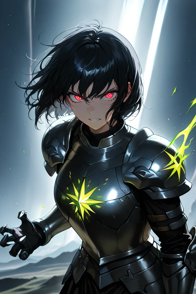 a petite black haired woman with orange eyes is fighting a monster