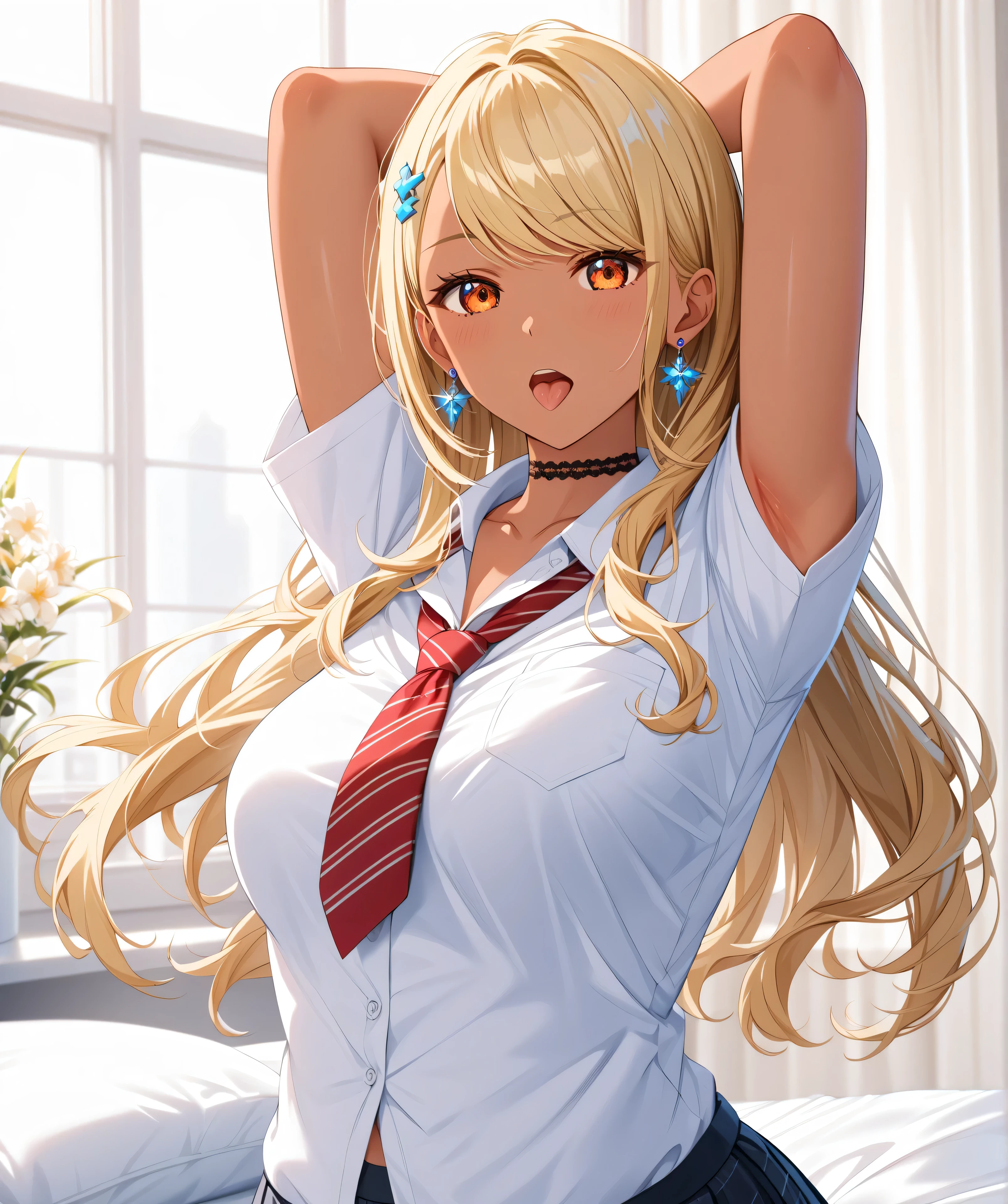 master piece、Best Quality,Super detailed,High resolution,Extremely detailed CG,Unity 8K Wallpaper,weat,score_9, score_8_up, score_7_up, score_6_up, score_5_up, score_4_up, source_anime,QpiOriginal, orange eyes, dark skin, blonde hair, long hair, swept bangs, flower hairclip, blue earrings, black choker,school uniform,professional quality、big hip、medium breasts,nsfw,bed room,nsfw,Romanticism、thick thighs,wide hips,NSFW,armpit focus,big butt,Official Art,mature female,perky breasts,athletic female,short sleeves,tongue out,open mouth