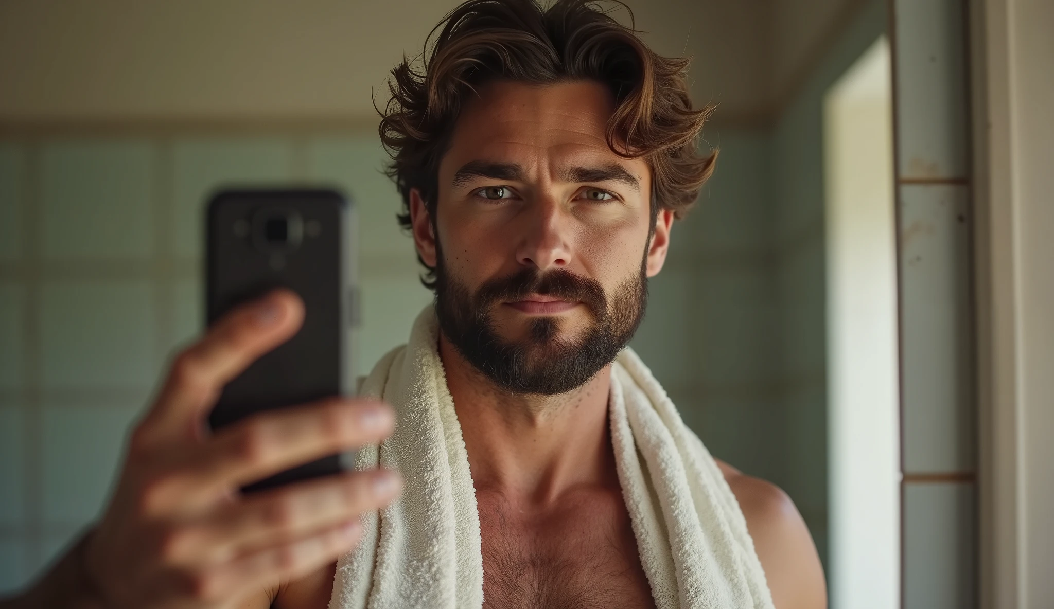 Man taking a photo in the mirror with a smartphone, Naked but covering his penis with the hand that doesn't have the smartphone, of thin physical build, 76 kg, with marked muscles, of long hair, very dark brown, tied with a bun at the nape of the neck, of 1,81 meters high, brown eyes with full trimmed beard. The image must be seen full body.