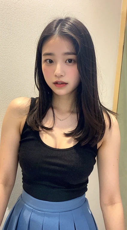 (lifelike, high - resolution:1.3), 1 girl with a perfect body, Super fine face and eyes,long hair, Tank top of random colors:1.2, short jeans,perfect big breasts:1.4 ,perfectly exposed cleavage, cum on breasts, perfect breast shape, tank top enhancing look of cleavage: 1.3, amazing breast cleavage, e-girl make up, impressed surprised gaze, horny eye contact, perfect cute face, breasts squeezed, winged eyeliner, round cleavage line, slight smile