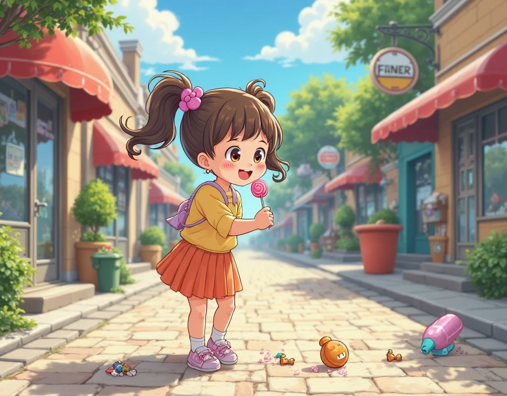 A girl eating colorful popsicles on her way home from school.