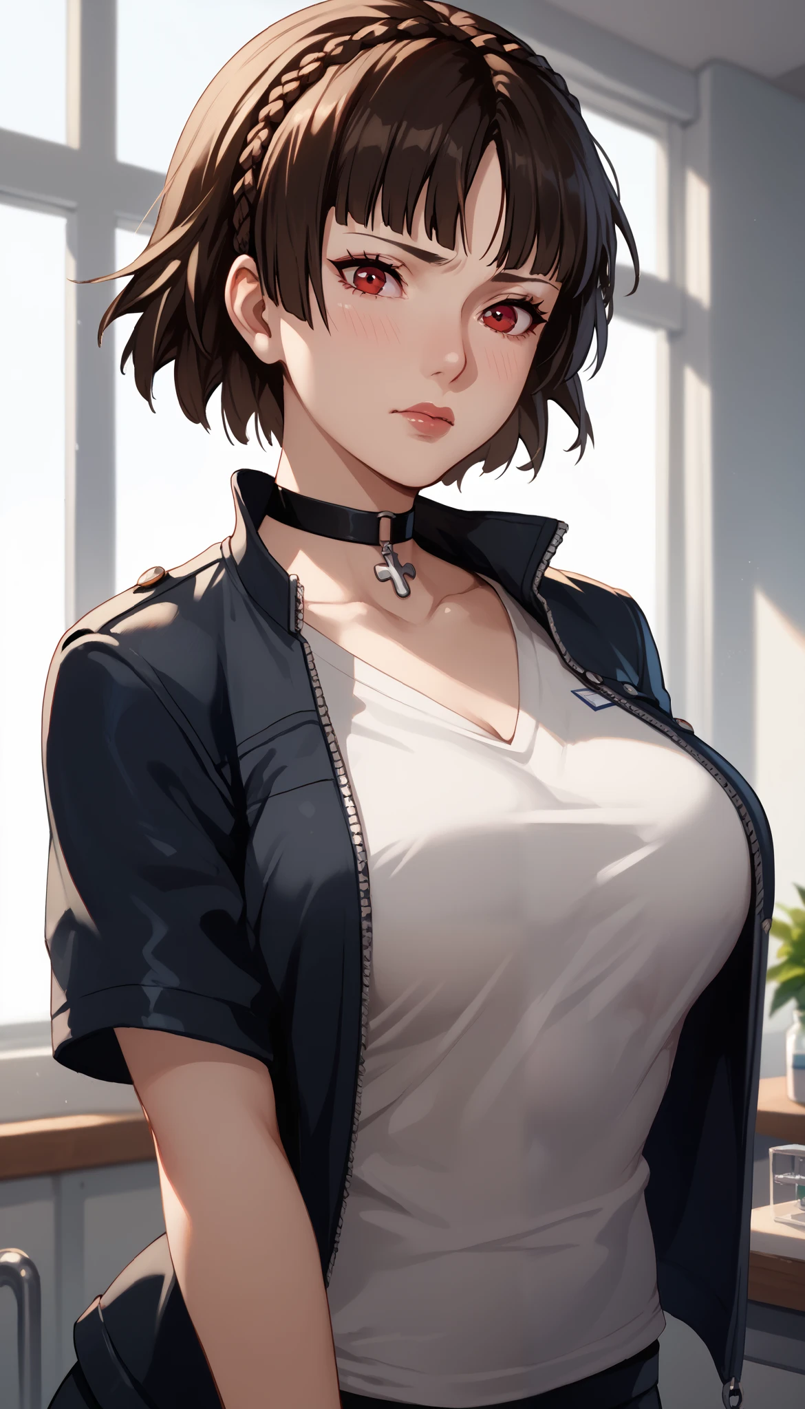 Makoto niijima, choker,adult woman, housewife, black hair, red eyes, short hair, chest,Casual T-shirts, open jacket,Scientist jacket, milf, embarrassed, soft light, very detailed, top quality,A look of shame on his face,