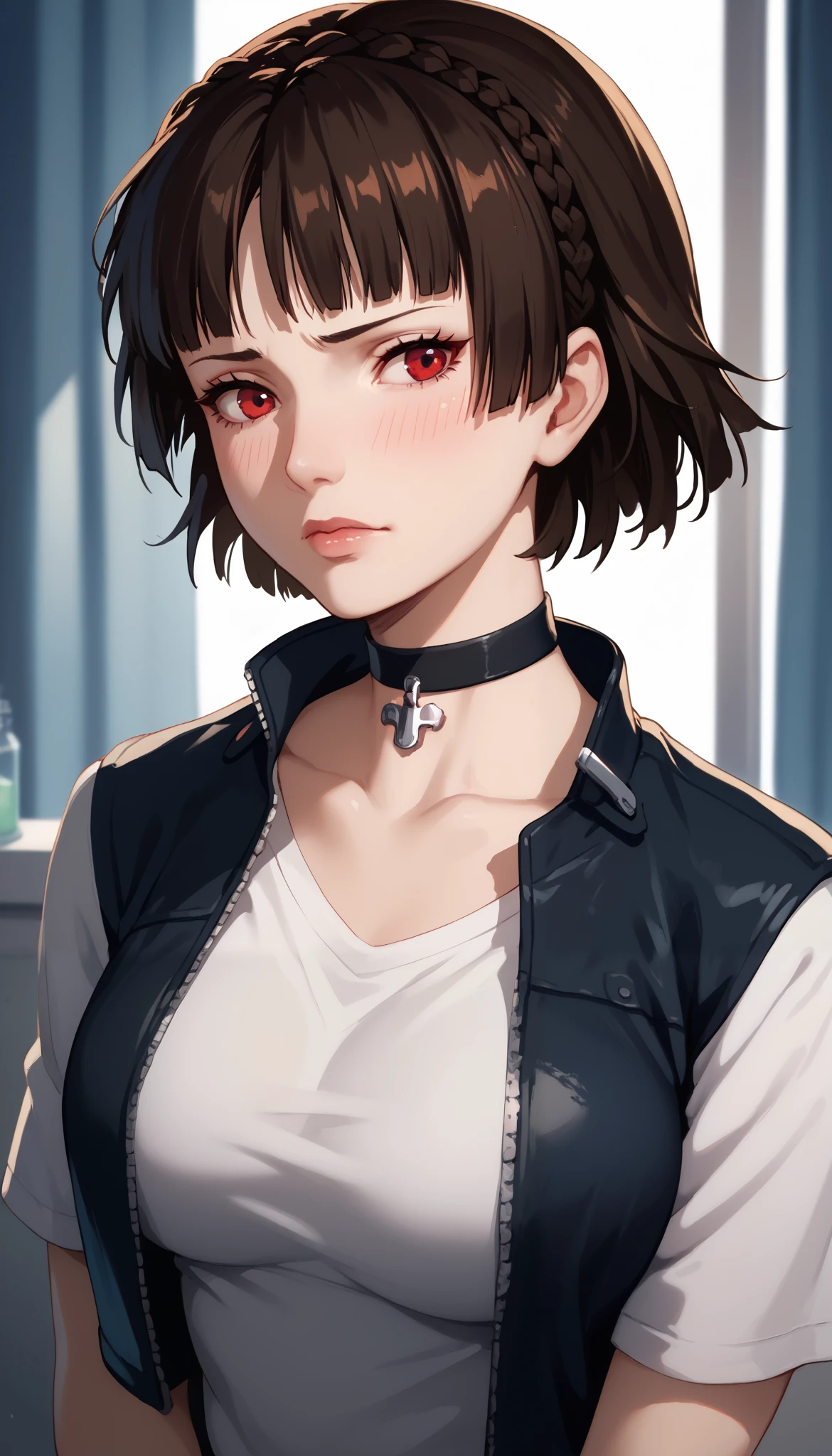 Makoto niijima, choker,adult woman, housewife, black hair, red eyes, short hair, chest,Casual T-shirts, open jacket,Scientist jacket, milf, embarrassed, soft light, very detailed, top quality,A look of shame on his face,