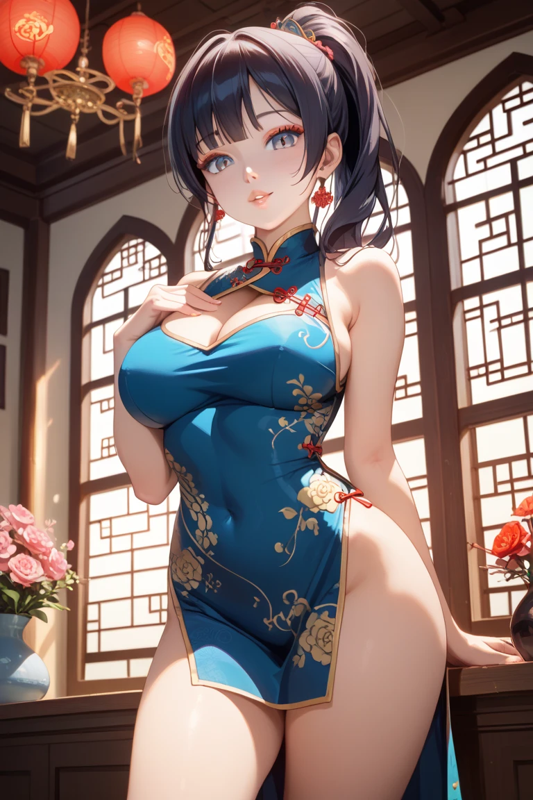 Beautiful woman with blue hair wearing a Chinese dress、I can see her boobs、Nipples are visible、I can see the pussy、blush、Obscene pose