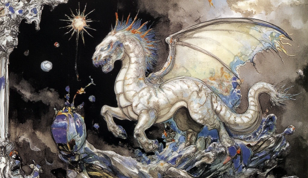 (Legendary White dragon), Crane, (A Divine Dragon), Dynamic Body Type, Dragon Monster, Handsome, Splashed Ink, ((Full Body)), ((2D)), glowing wings, Delicate Silhouette, Fantasy Art, (Black and Yellow Antique Brocade Hanfu), FOV, (Masterpiece), Front Shot, Side Portrait, White Background, (Movie Poster), Sharp, Splash, Petals, Empty, Sky, (Wide Angle Lens), Vista, highly detailed, shadowverse style