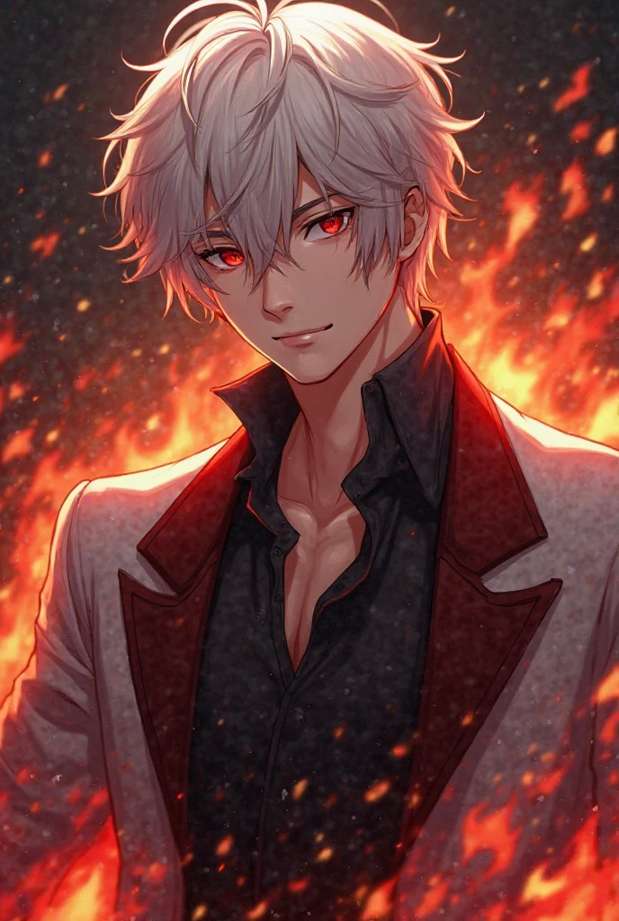 absurdres, highres, ultra detailed, HDR, master piece, best quality, K, white hair, with bangs, short hair, expressive red eyes, The King Of Fighters, solo, sexy man, handsome, black leather clothes, tanned skin, flames, red flowers, red blossoms, spring