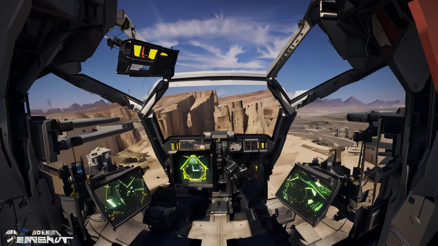 aerial view of cockpit with desert views, mech warrior , armored core style mecha , first-person shooter HUD, arma 3 screenshot, video game screenshot>, FIRST PERSONAL SCREENSHOT , gameplay is still, Realistic HUD, Wide viewing angle, cockpit view , high quality screenshots , First-person perspective , First - Personal Perspective