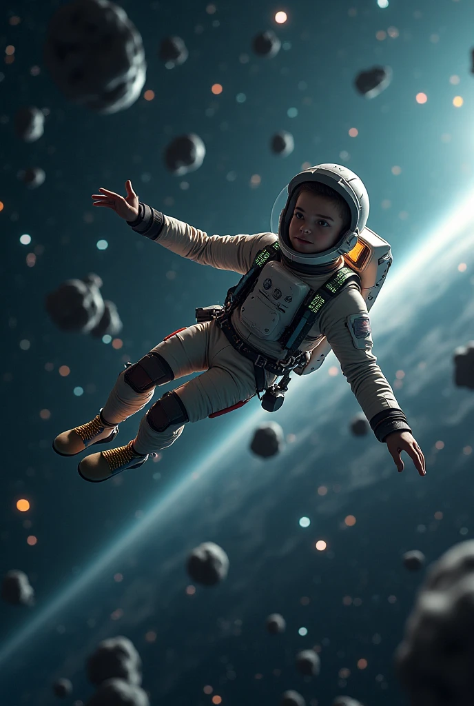 Create an illustration for a fairy tale about a boy, who flies into space