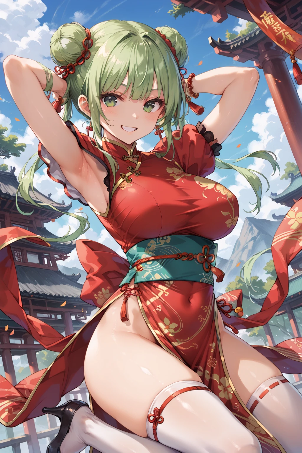 NSFW,((One Man and One Woman,Having sex)),Woman on top,idolmaster,Sakurai Momoka,tiny girl,Lori,short blonde hair,(Beautiful green eyes), small tits,Green Idol Costume,Red roses on the head,Smile with open mouth,Top image quality,Best Quality