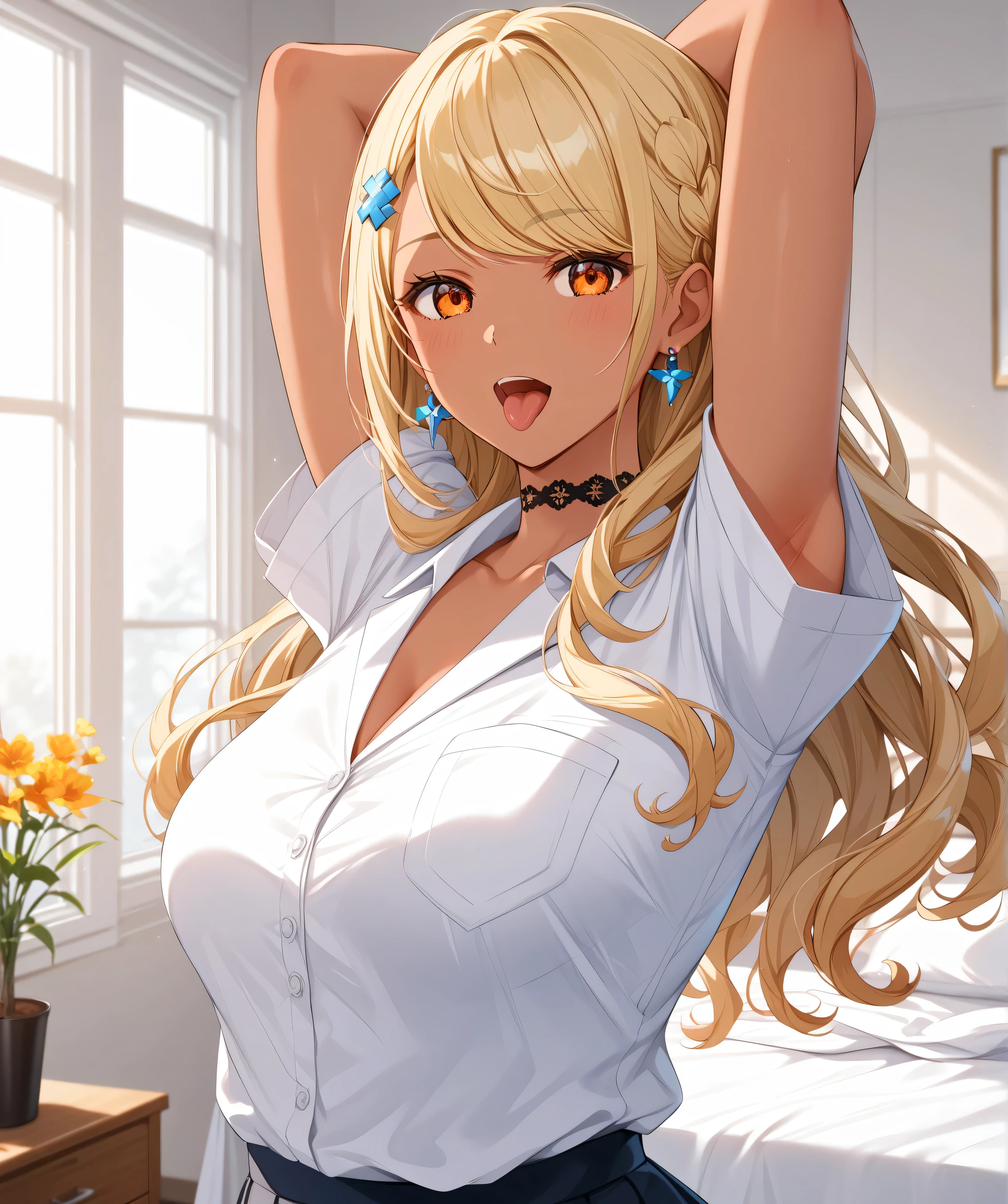 master piece、Best Quality,Super detailed,High resolution,Extremely detailed CG,Unity 8K Wallpaper,weat,score_9, score_8_up, score_7_up, score_6_up, score_5_up, score_4_up, source_anime,QpiOriginal, orange eyes, dark skin, blonde hair, long hair, swept bangs, flower hairclip, blue earrings, black choker,school uniform,professional quality、big hip、medium breasts,nsfw,bed room,nsfw,Romanticism、thick thighs,wide hips,NSFW,armpit focus,big butt,Official Art,mature female,perky breasts,athletic female,short sleeves,tongue out,open mouth