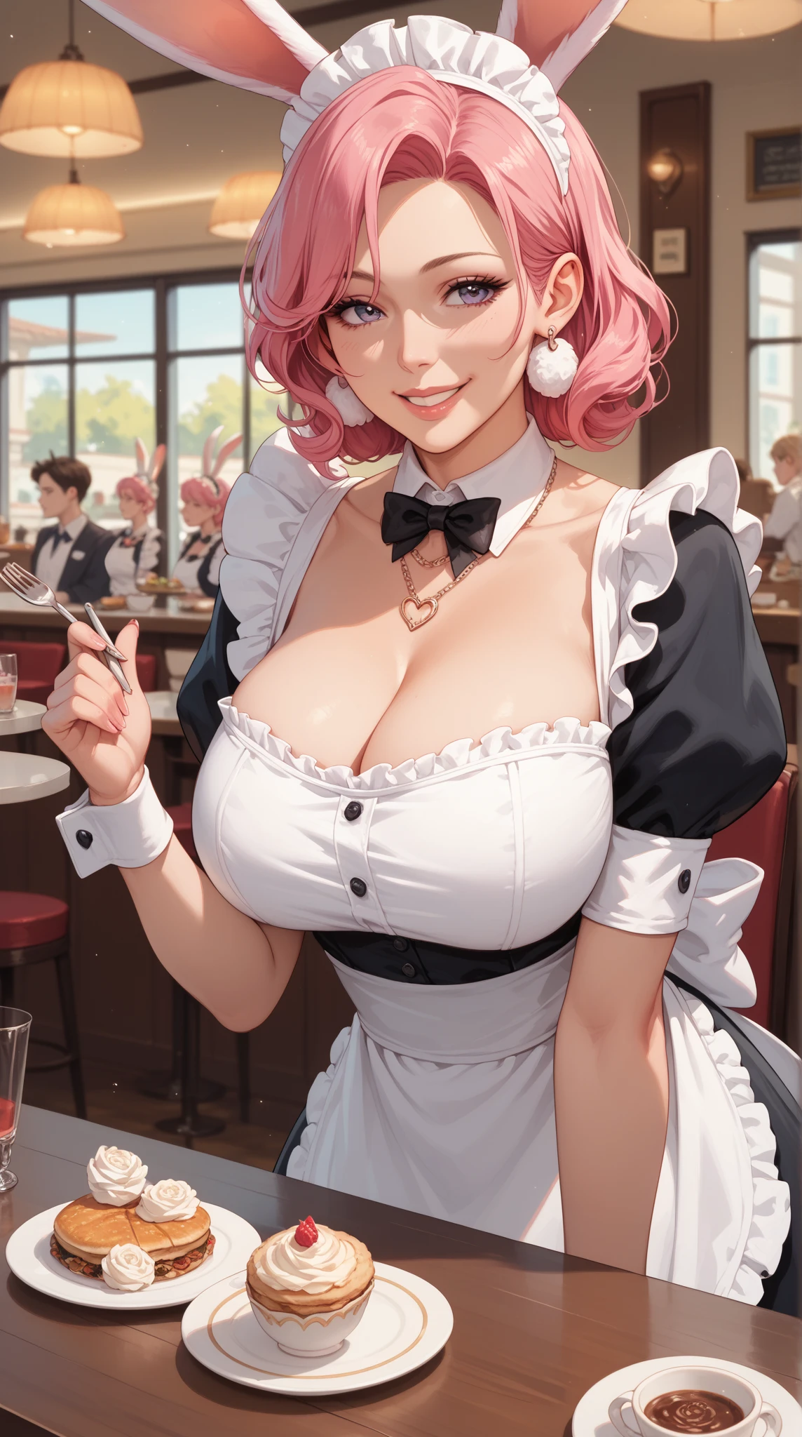 (Masterpiece, BestQuality:1.3), (ultra detailed:1.2), (hyperrealistic:1.3), (RAW photo:1.2), High detail RAW color photo, professional photograph, (Photorealistic:1.4), (realistic:1.4), (Pink Hair:1.5), professional lighting, perfect anatomy, (Big Breasts:1.2), (blush, detailed face), (A happy smile:1.7), sexly, erotic sexly, Random sexy gravure poses, (Beautiful cosplayer wearing a blue and white waitress-style costume、With a cheerful smile in a retro diner、Milkshakes on a tray。Waitress cap on head、On her feet she wears white loafers。:1.3)