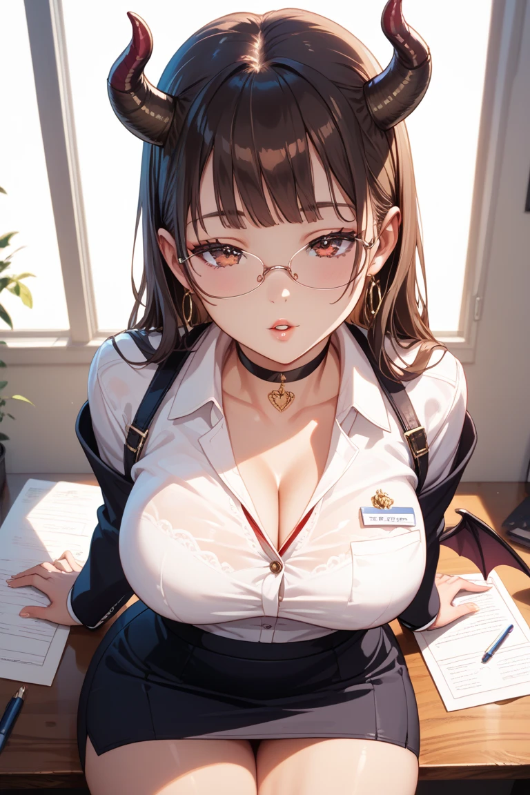 20 year old girl, black office miniskirt, white transparent blouse unbuttoned, Elf's ears, naked
