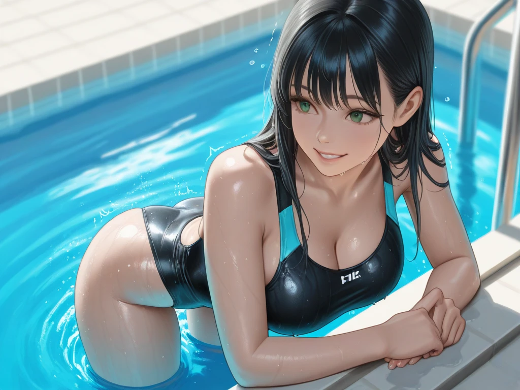 Highest quality,Highest Resolution,A beautiful girl in a leotard swimsuit with a crying face,Poolside in the competition pool,Black hair ponytail,Very beautiful eyes,(((Drink a drink))),sweat profusely,tears,Mouth wide open and drool,Transparent nipples,whole body,Super High Leg,