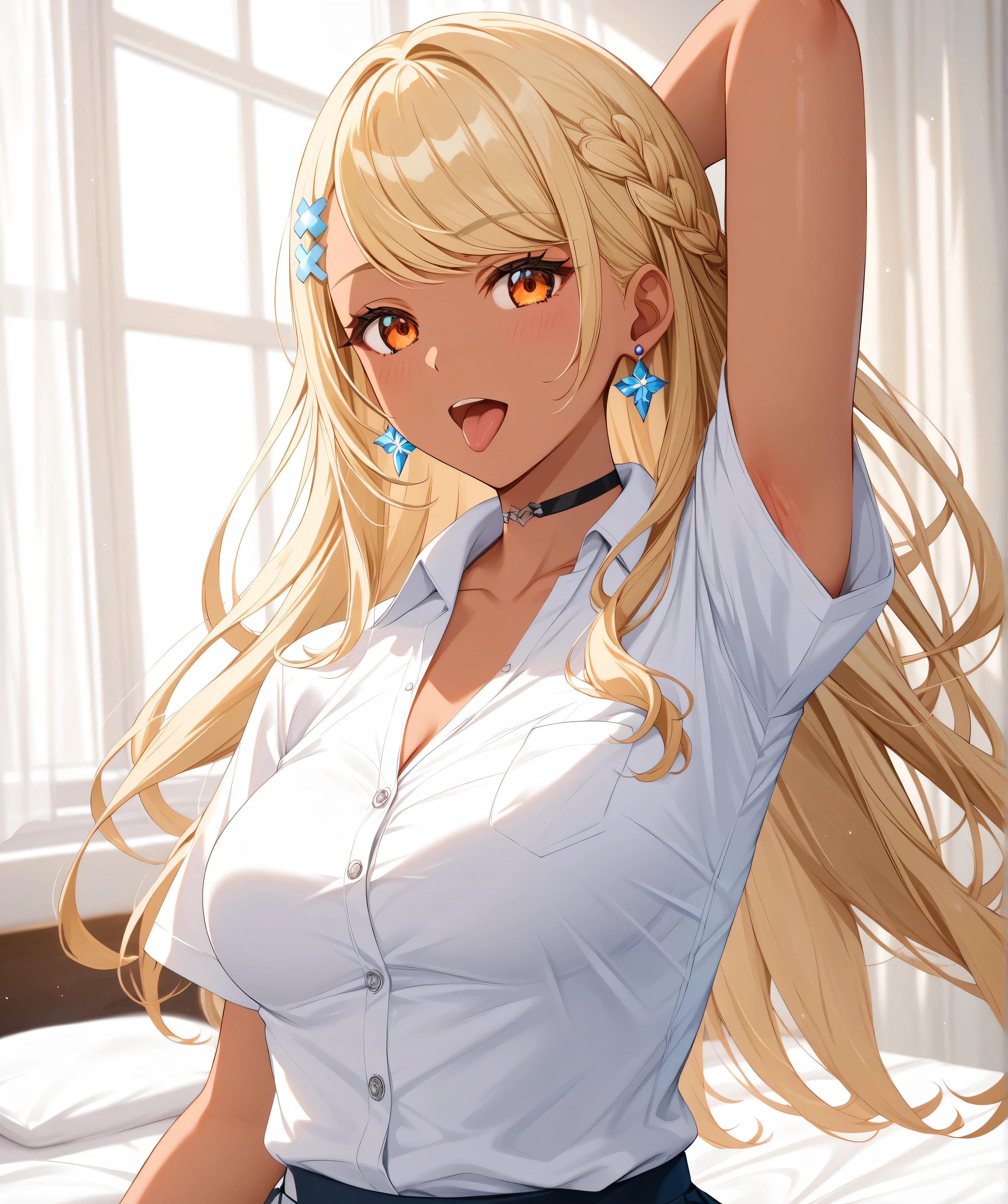 master piece、Best Quality,Super detailed,High resolution,Extremely detailed CG,Unity 8K Wallpaper,weat,score_9, score_8_up, score_7_up, score_6_up, score_5_up, score_4_up, source_anime,QpiOriginal, orange eyes, dark skin, blonde hair, long hair, swept bangs, flower hairclip, blue earrings, black choker,school uniform,professional quality、big hip、medium breasts,nsfw,bed room,nsfw,Romanticism、thick thighs,wide hips,NSFW,armpit focus,big butt,Official Art,mature female,perky breasts,athletic female,short sleeves,tongue out,open mouth