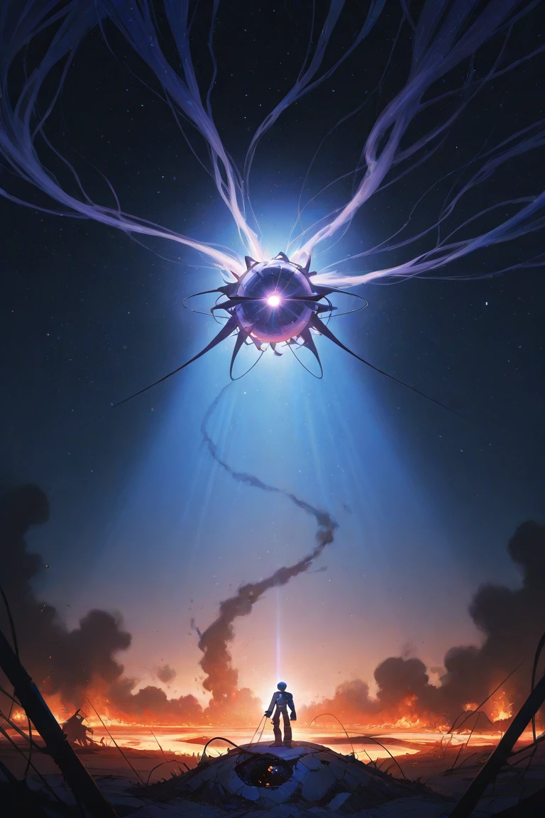 A massive spaceship engulfed in flames, hurtling toward the ground, leaving behind a trail of smoke and debris. The sky is illuminated by fiery explosions as pieces of the ship break off, crashing into a dystopian futuristic city below. The impact zone glows with intense heat, and the cityscape is filled with panic and chaos. Highly detailed, dramatic perspective, cinematic explosion, sci-fi disaster art