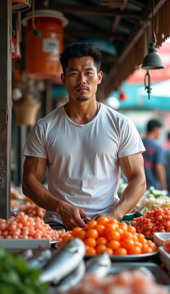Asian guy, shirtless, hairy, muscle chub, trunks, Thai handsome guy, 39-years-old, a short beard, topless, military uniform, military cap, exposes the penis, complete penis, lust face men, park sharp eyes, dark minimart background, Full Frame, Professional Lighting